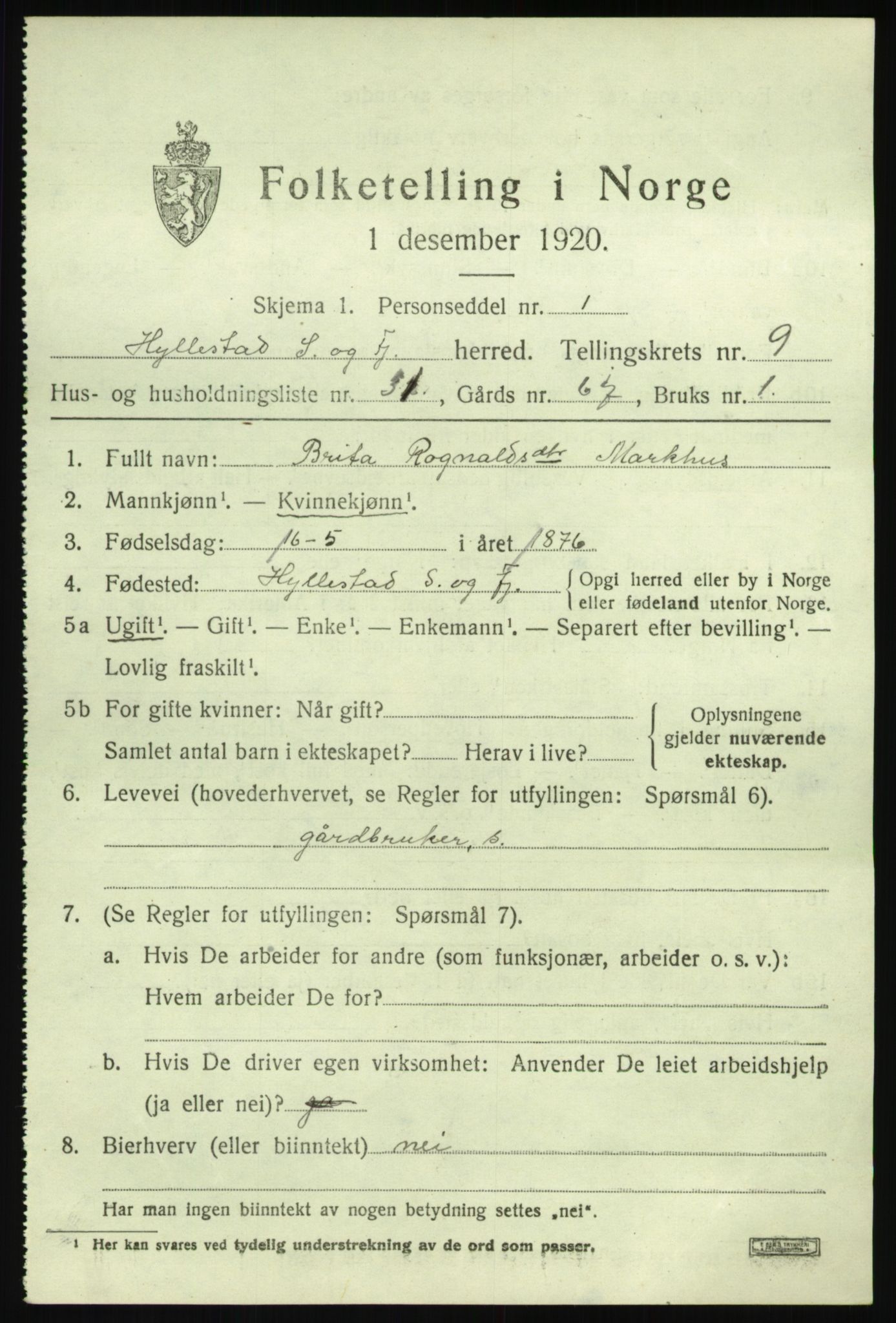 SAB, Folketelling 1920 for 1413 Hyllestad herred, 1920, s. 3808