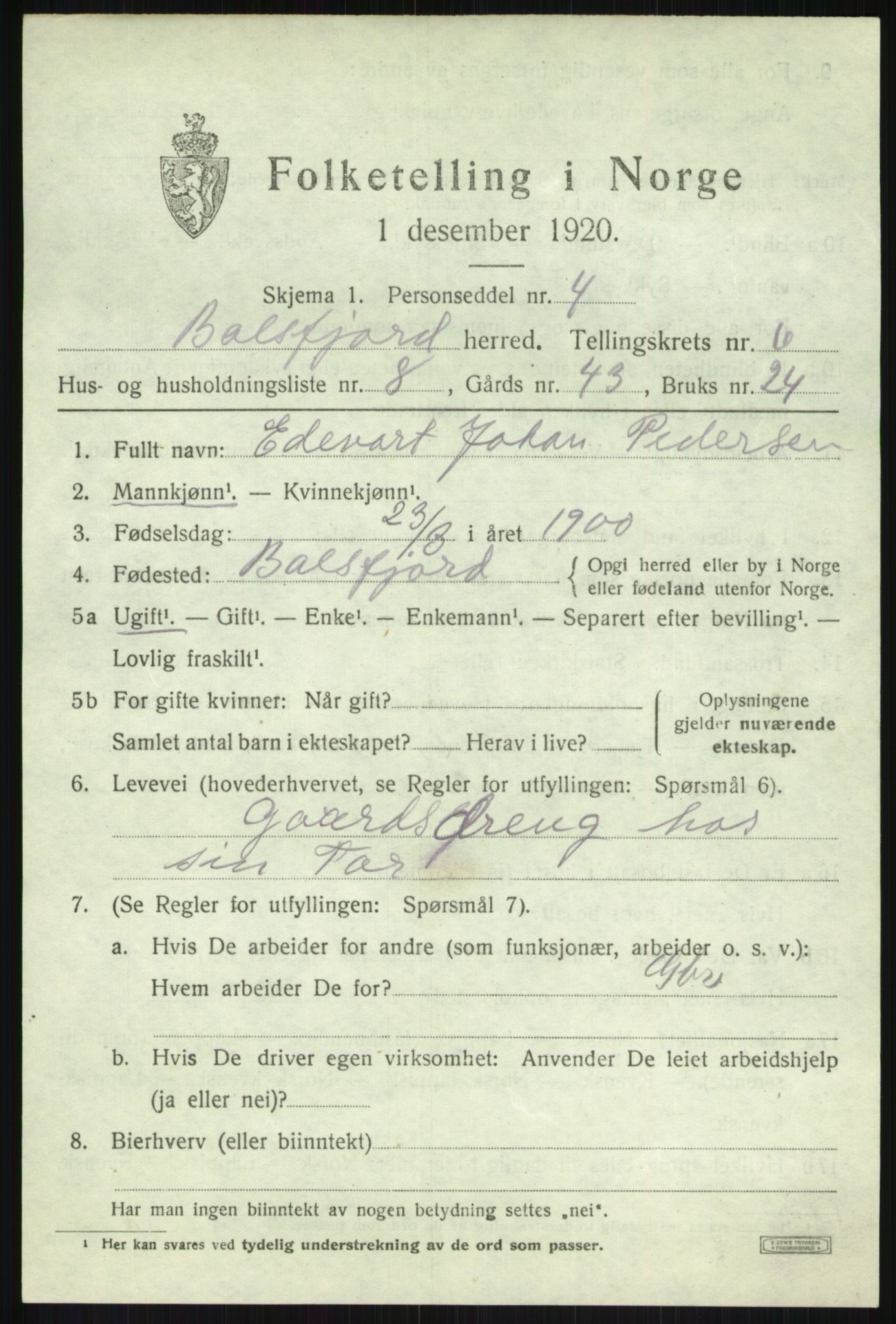 SATØ, Folketelling 1920 for 1933 Balsfjord herred, 1920, s. 3830