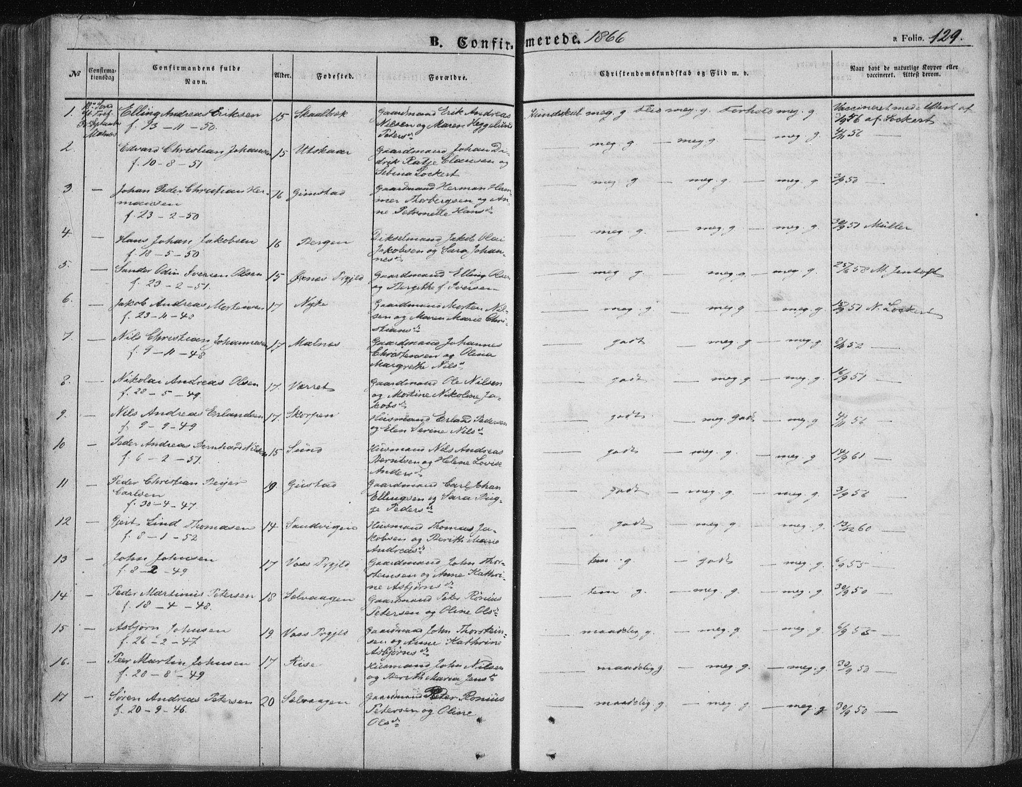 Ministerialprotokoller, klokkerbøker og fødselsregistre - Nordland, AV/SAT-A-1459/891/L1300: Ministerialbok nr. 891A05, 1856-1870, s. 129