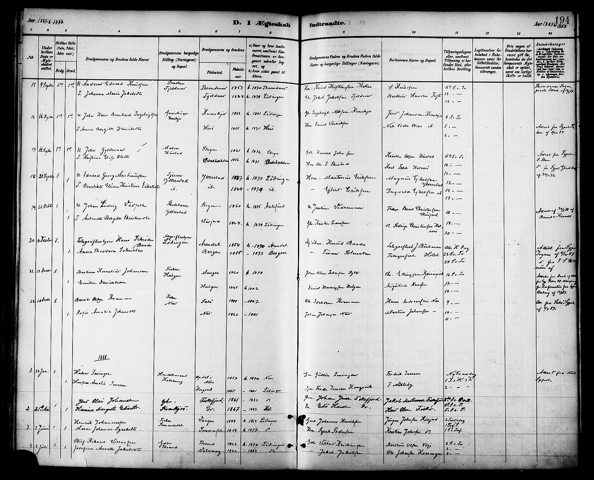 Ministerialprotokoller, klokkerbøker og fødselsregistre - Nordland, AV/SAT-A-1459/872/L1035: Ministerialbok nr. 872A10, 1884-1896, s. 194