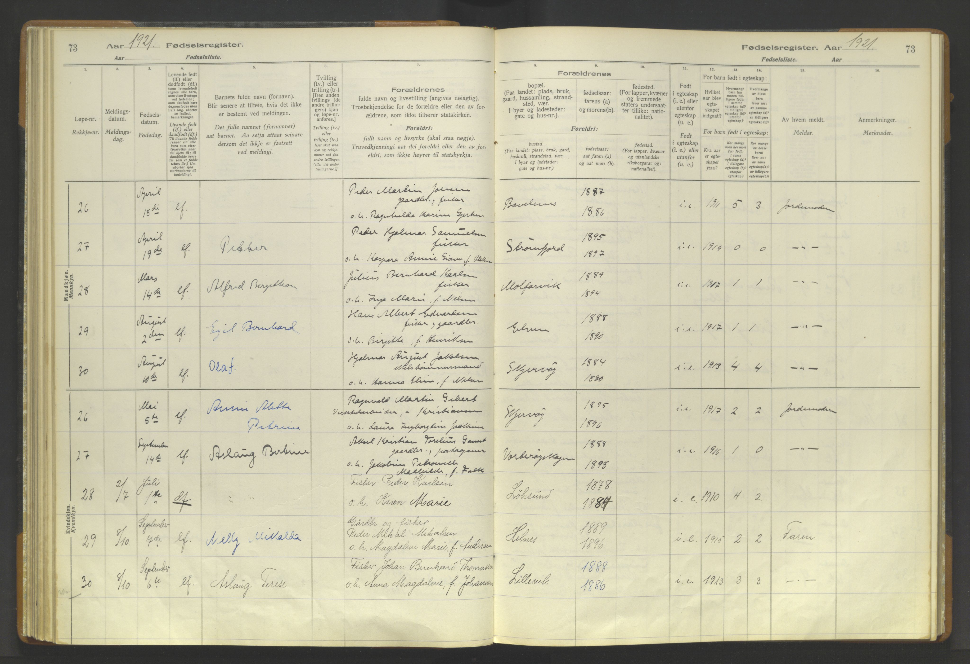 Skjervøy sokneprestkontor, AV/SATØ-S-1300/I/Ia/L0056: Fødselsregister nr. 56, 1916-1932, s. 73