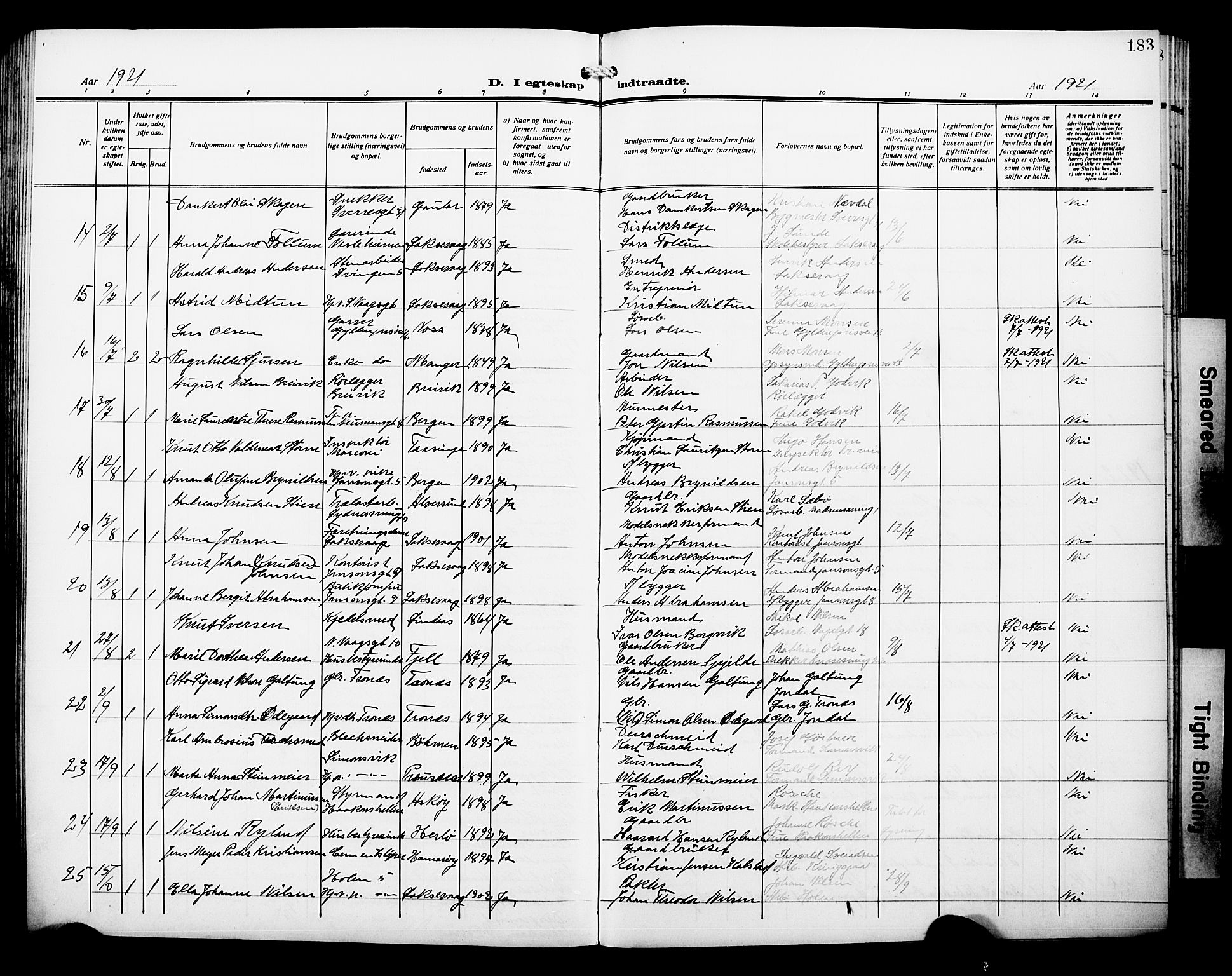 Laksevåg Sokneprestembete, AV/SAB-A-76501/H/Ha/Hab/Haba/L0006: Klokkerbok nr. A 6, 1917-1925, s. 183