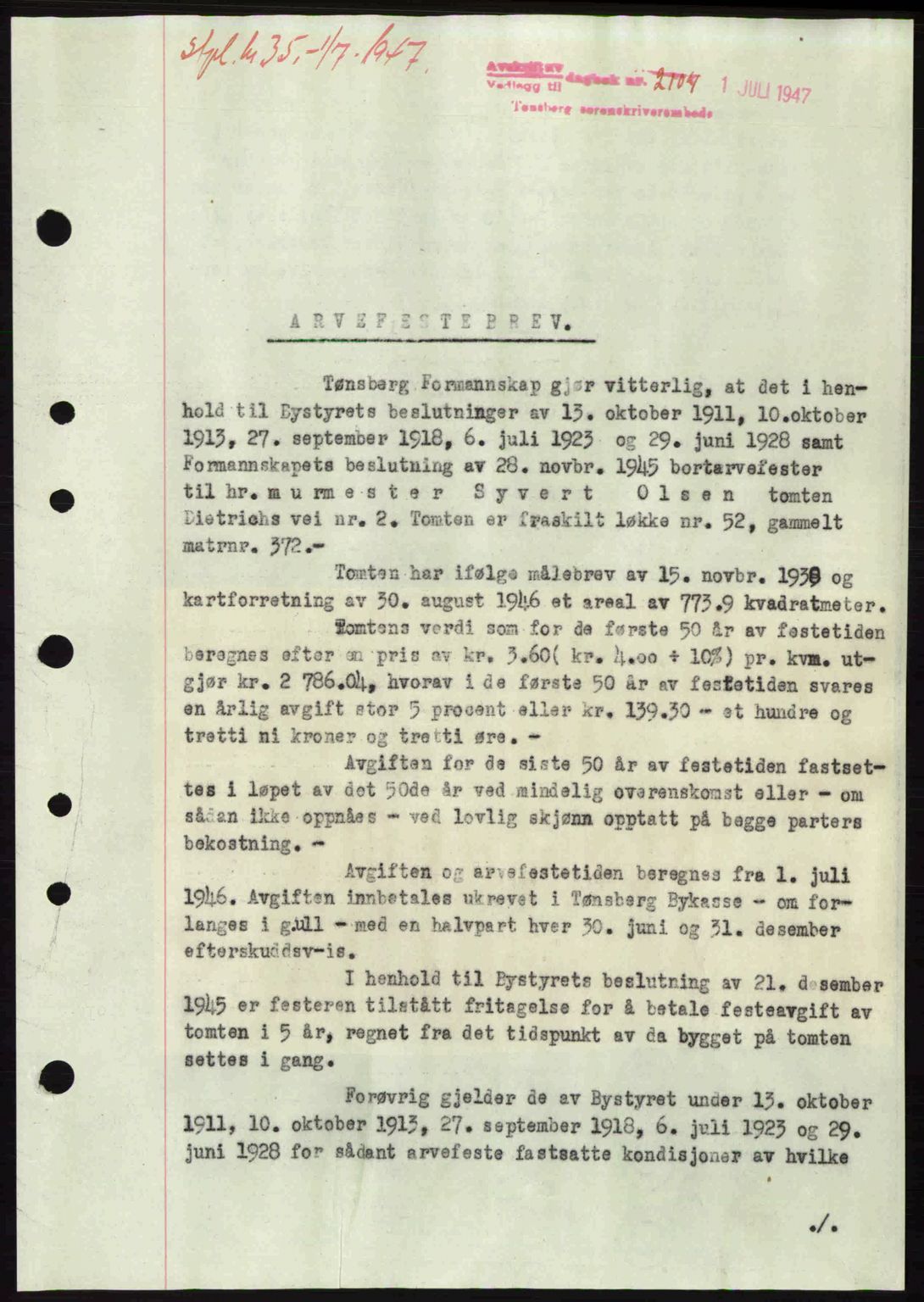 Tønsberg sorenskriveri, SAKO/A-130/G/Ga/Gaa/L0022: Pantebok nr. A22, 1947-1947, Dagboknr: 2104/1947