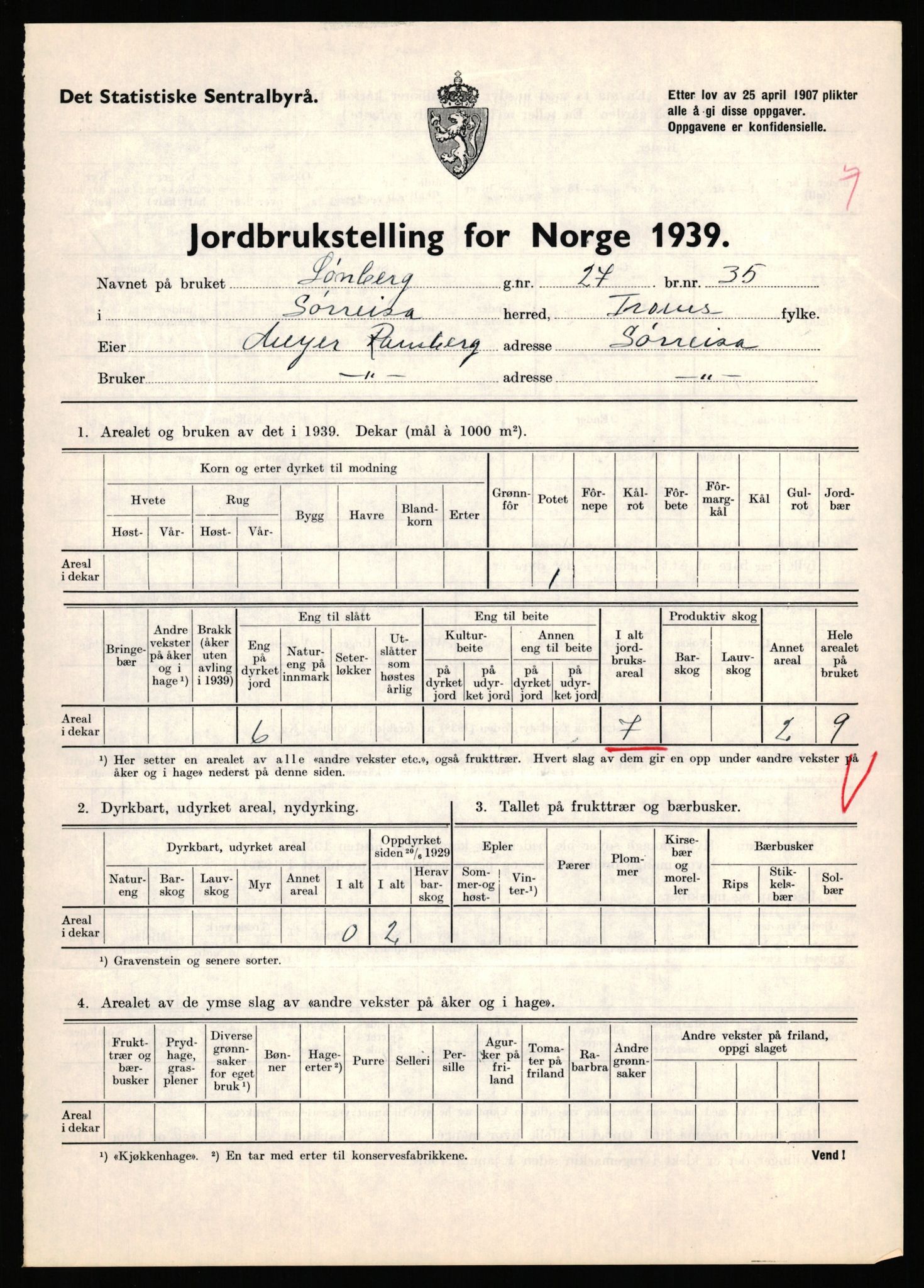 Statistisk sentralbyrå, Næringsøkonomiske emner, Jordbruk, skogbruk, jakt, fiske og fangst, AV/RA-S-2234/G/Gb/L0341: Troms: Sørreisa og Tranøy, 1939, s. 138