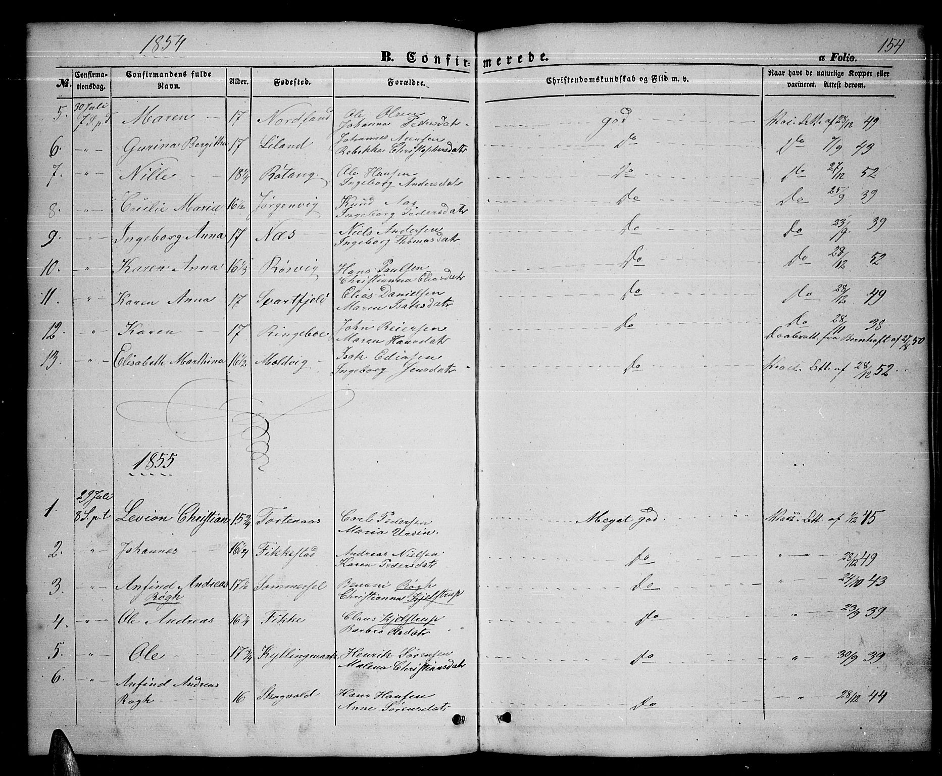 Ministerialprotokoller, klokkerbøker og fødselsregistre - Nordland, AV/SAT-A-1459/859/L0857: Klokkerbok nr. 859C03, 1854-1873, s. 154