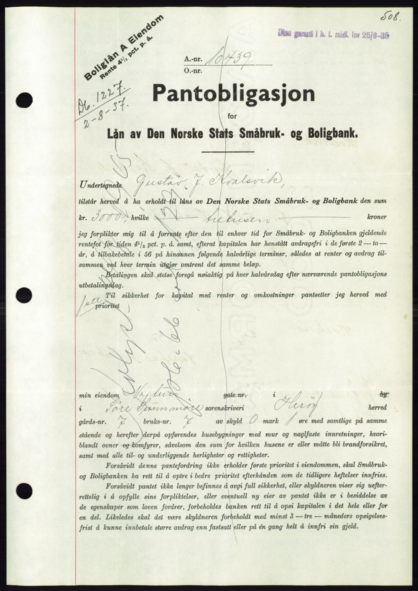 Søre Sunnmøre sorenskriveri, AV/SAT-A-4122/1/2/2C/L0063: Pantebok nr. 57, 1937-1937, Dagboknr: 1227/1937