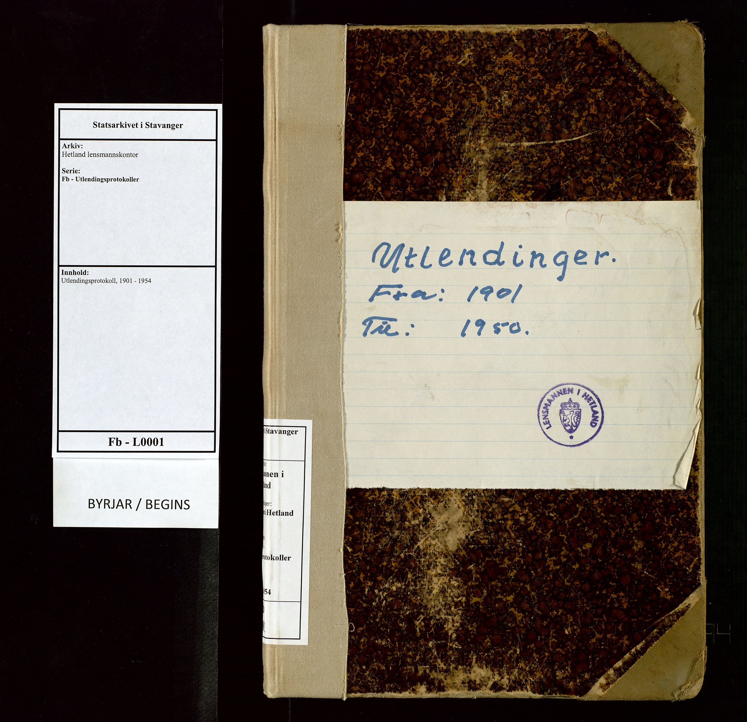 Hetland lensmannskontor, SAST/A-100101/Fb/L0001: Utlendingsprotokoll, 1901-1954, s. 1
