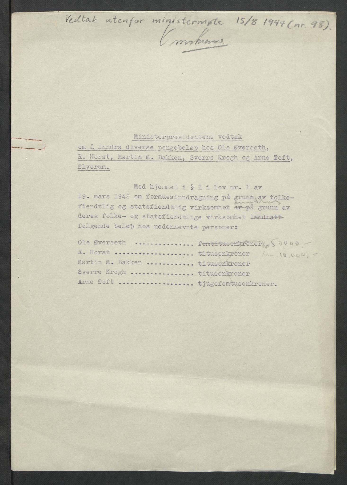 NS-administrasjonen 1940-1945 (Statsrådsekretariatet, de kommisariske statsråder mm), AV/RA-S-4279/D/Db/L0090: Foredrag til vedtak utenfor ministermøte, 1942-1945, s. 324