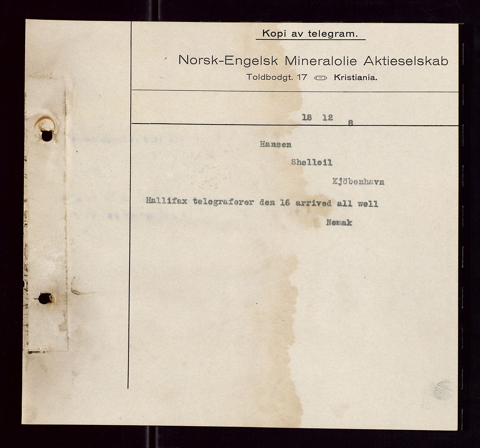 Pa 1521 - A/S Norske Shell, AV/SAST-A-101915/E/Ea/Eaa/L0005: Sjefskorrespondanse, 1918, s. 97