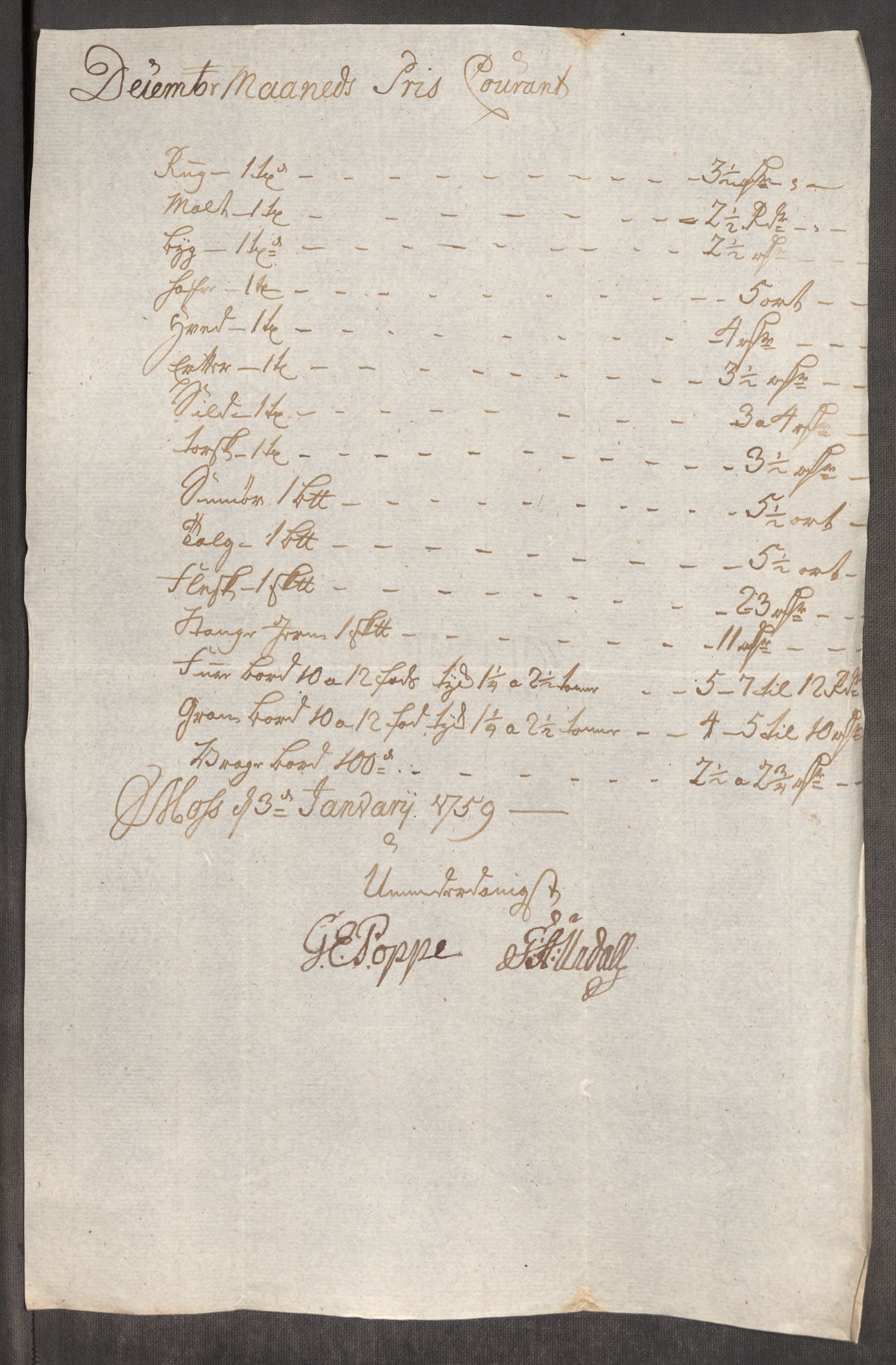 Rentekammeret inntil 1814, Realistisk ordnet avdeling, AV/RA-EA-4070/Oe/L0006: [Ø1]: Priskuranter, 1758-1760, s. 104