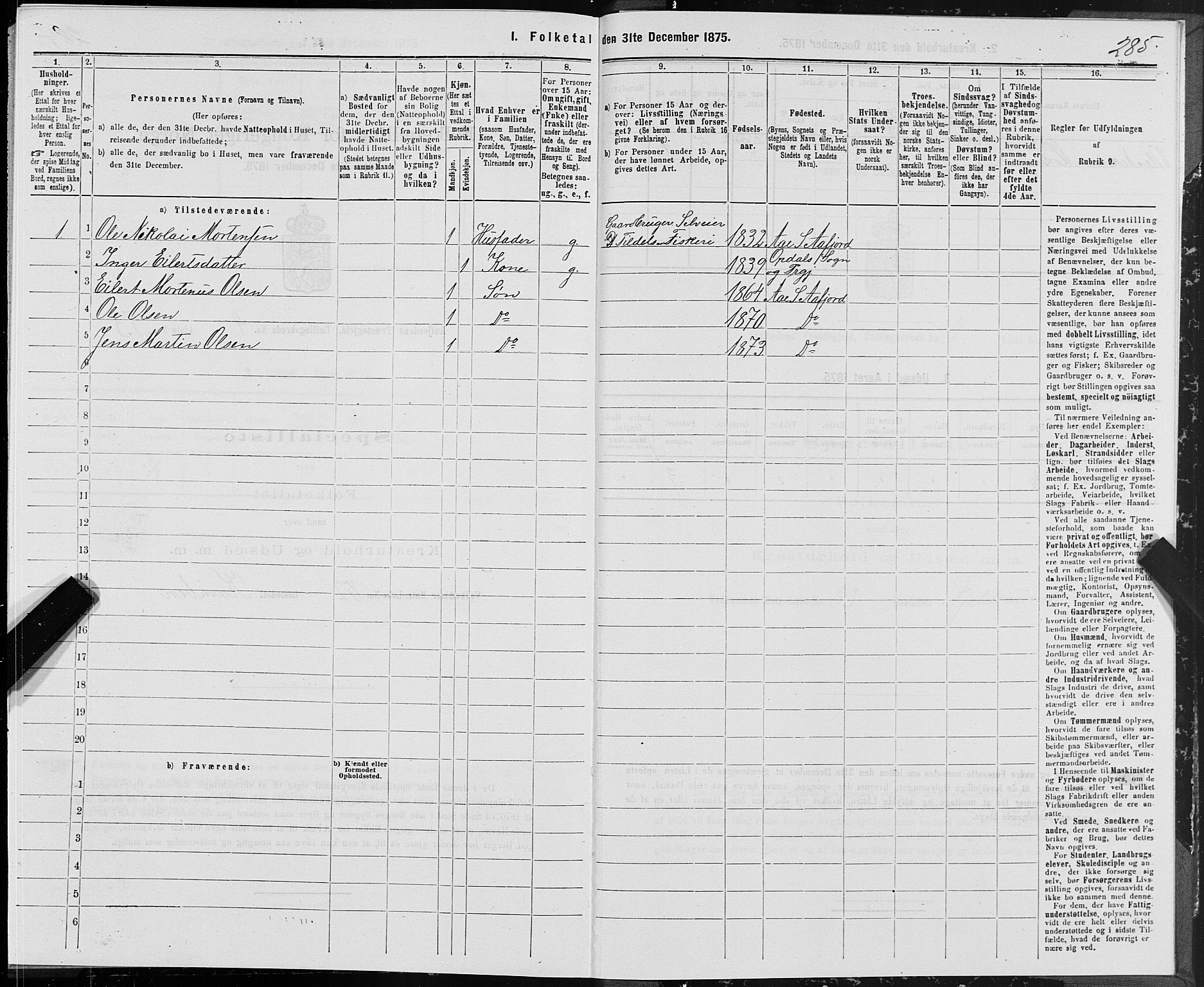 SAT, Folketelling 1875 for 1630P Aafjorden prestegjeld, 1875, s. 2285