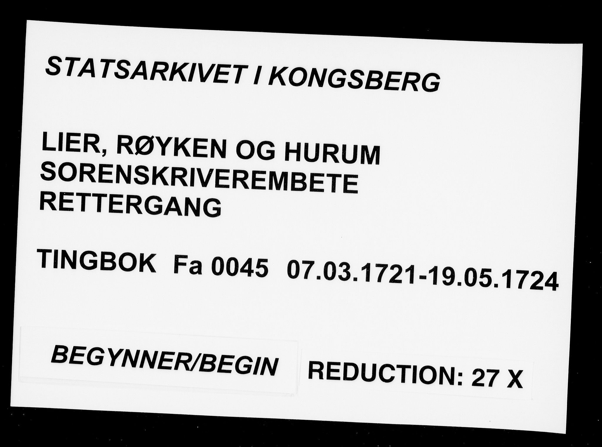 Lier, Røyken og Hurum sorenskriveri, AV/SAKO-A-89/F/Fa/L0045: Tingbok, 1721-1724