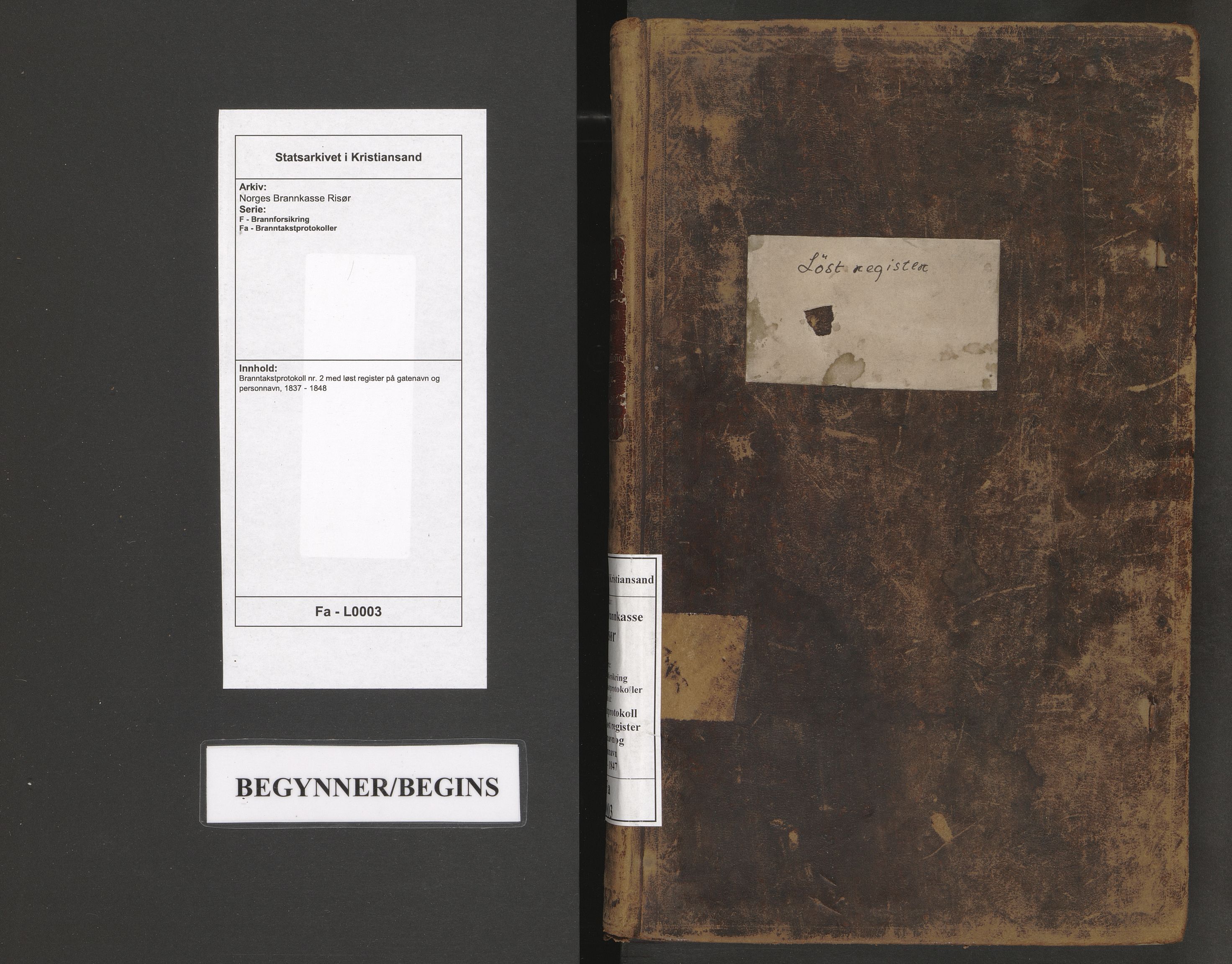 Norges Brannkasse Risør, SAK/2241-0043/F/Fa/L0003: Branntakstprotokoll nr. 2 med løst register på gatenavn og personnavn, 1837-1848