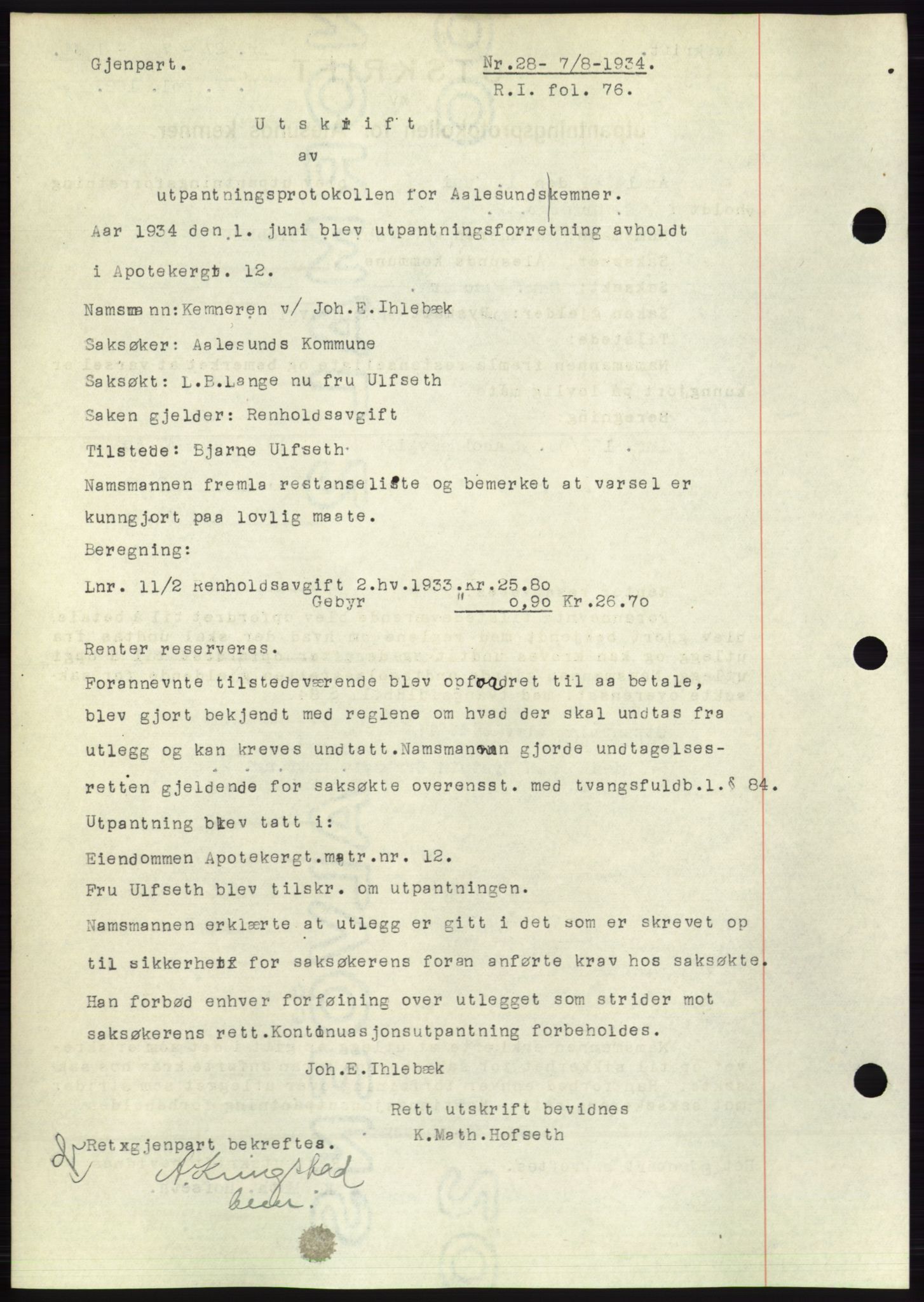 Ålesund byfogd, AV/SAT-A-4384: Pantebok nr. 31, 1933-1934, Tingl.dato: 07.08.1934