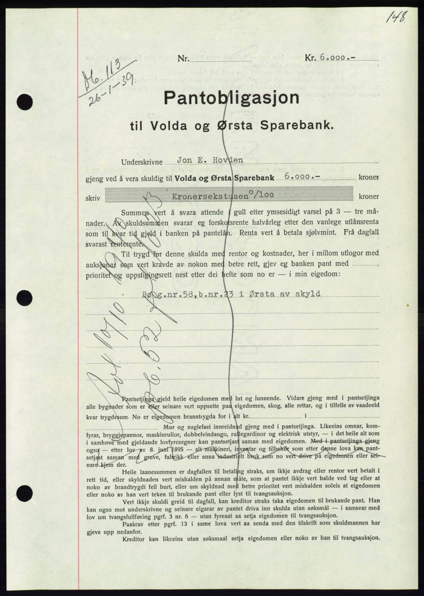 Søre Sunnmøre sorenskriveri, AV/SAT-A-4122/1/2/2C/L0067: Pantebok nr. 61, 1938-1939, Dagboknr: 113/1939