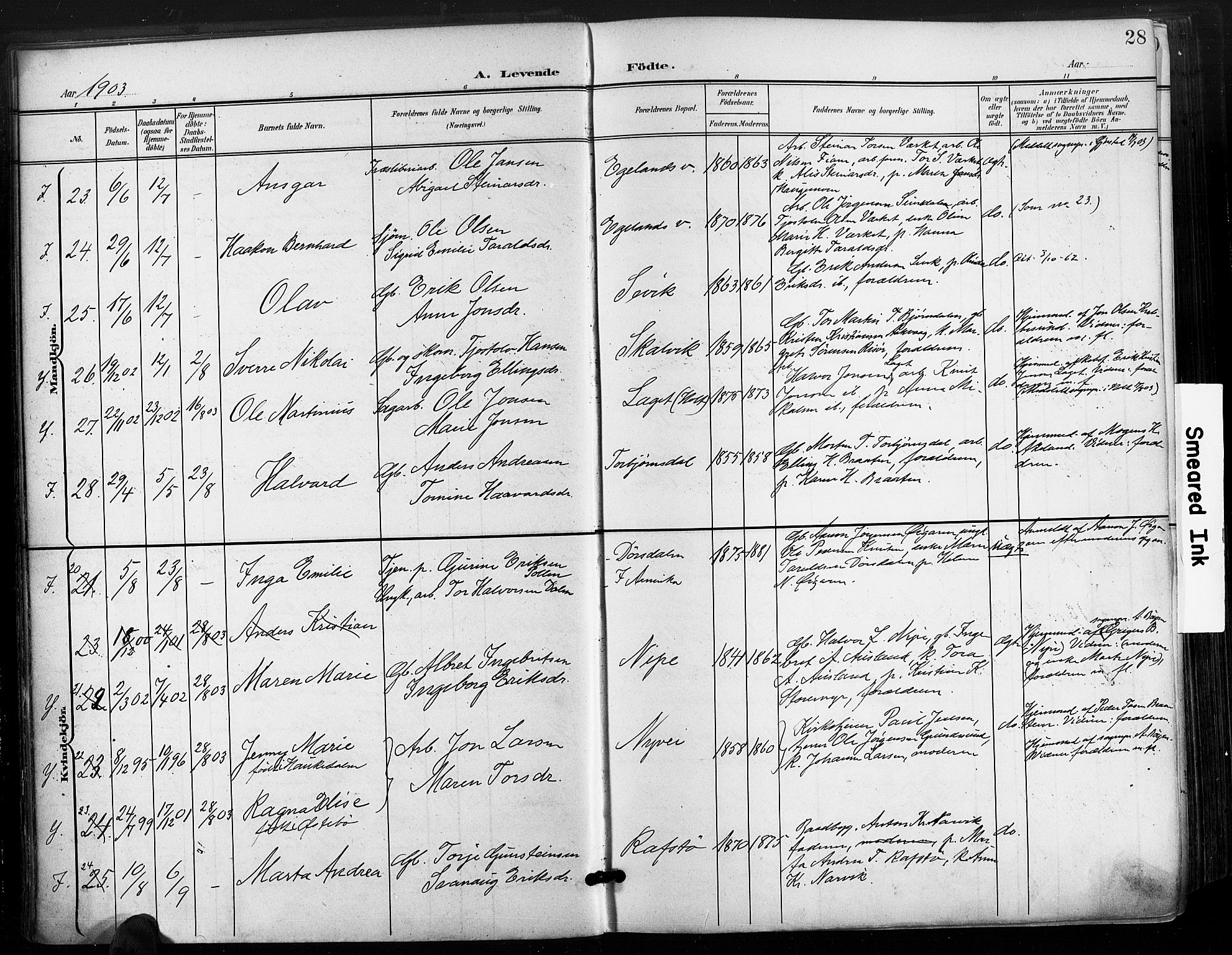 Søndeled sokneprestkontor, AV/SAK-1111-0038/F/Fa/L0006: Ministerialbok nr. A 6, 1900-1922, s. 28