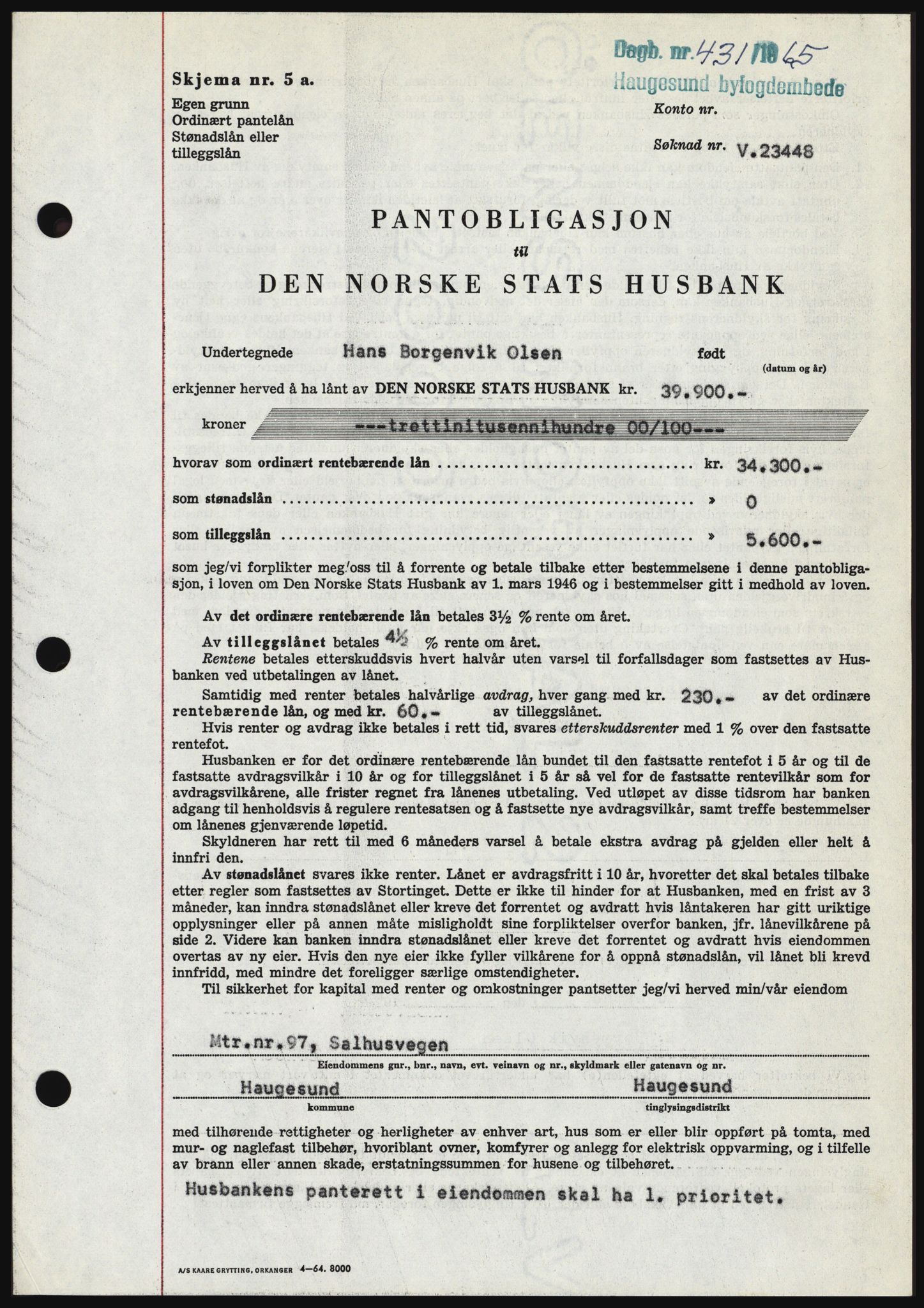 Haugesund tingrett, SAST/A-101415/01/II/IIC/L0053: Pantebok nr. B 53, 1965-1965, Dagboknr: 431/1965