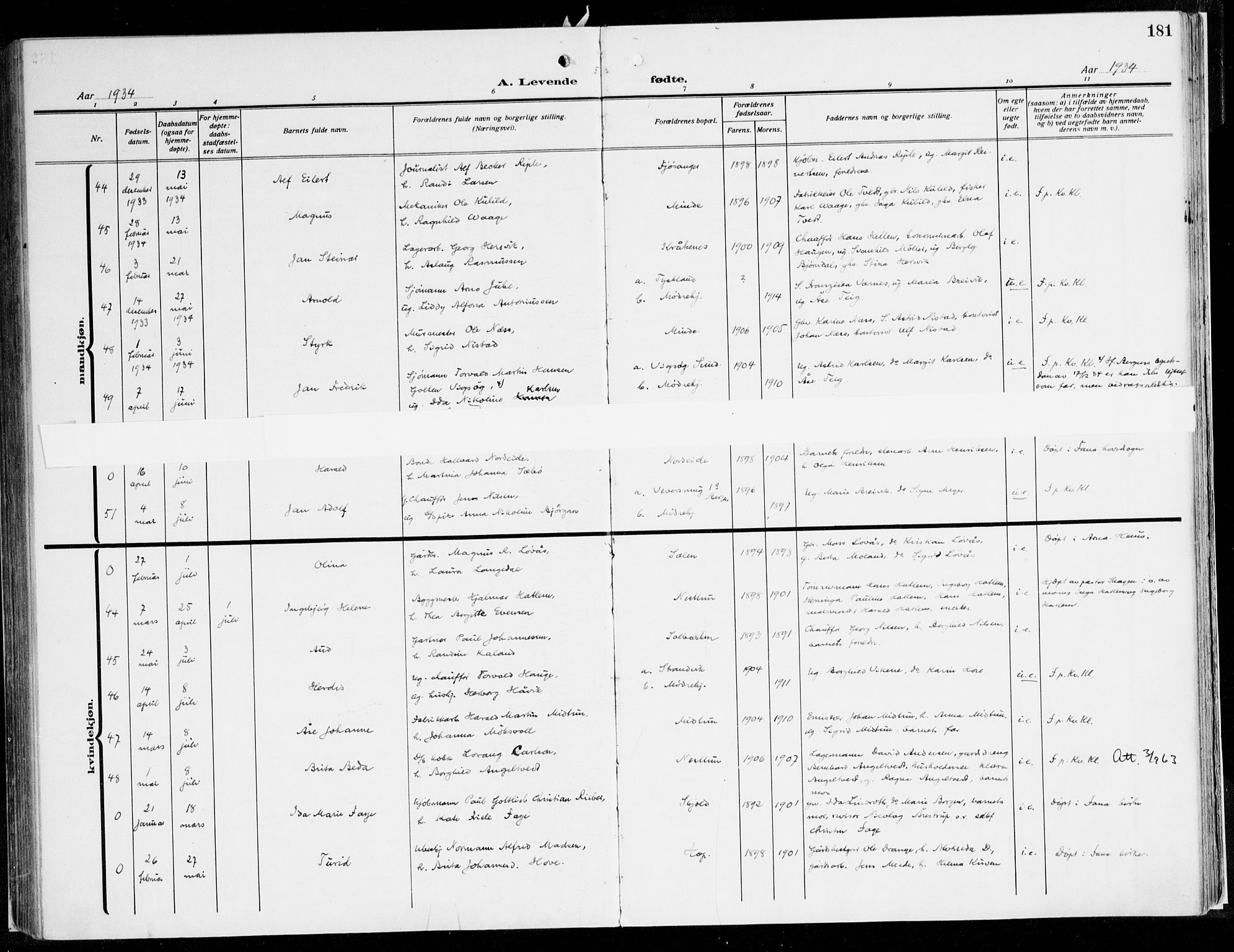 Fana Sokneprestembete, AV/SAB-A-75101/H/Haa/Haaj/L0001: Ministerialbok nr. J 1, 1921-1935, s. 181