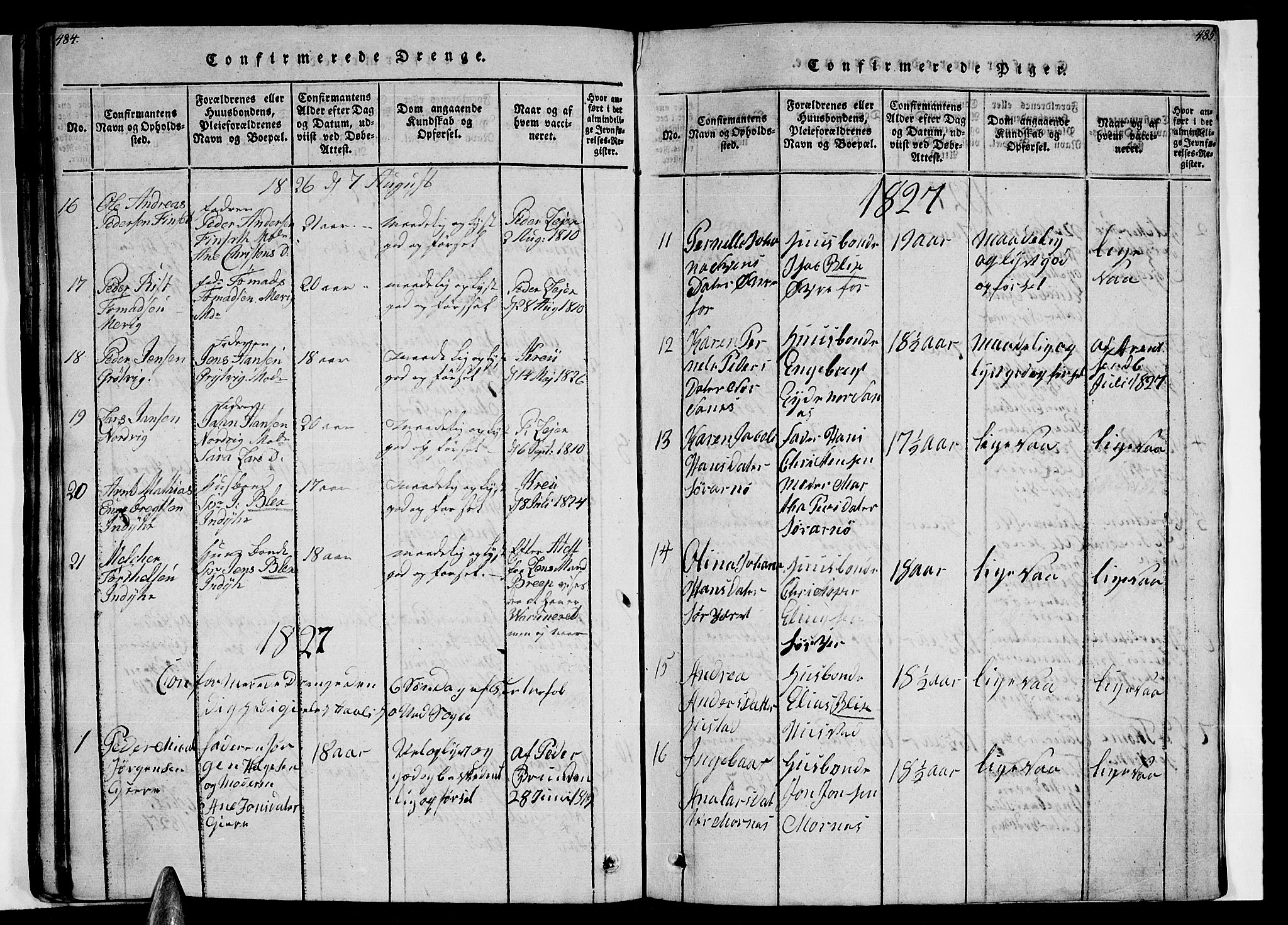 Ministerialprotokoller, klokkerbøker og fødselsregistre - Nordland, AV/SAT-A-1459/805/L0105: Klokkerbok nr. 805C01, 1820-1839, s. 484-485