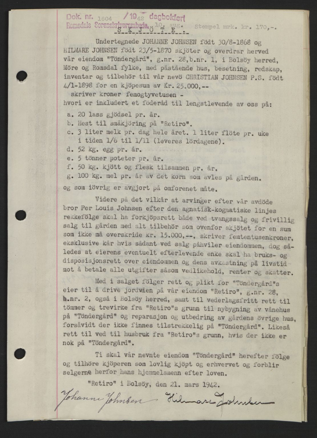 Romsdal sorenskriveri, SAT/A-4149/1/2/2C: Pantebok nr. A12, 1942-1942, Dagboknr: 1604/1942