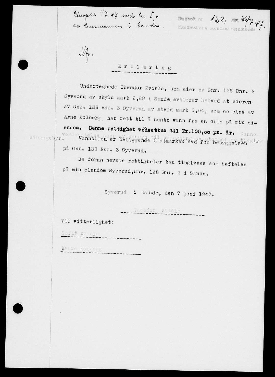 Holmestrand sorenskriveri, SAKO/A-67/G/Ga/Gaa/L0062: Pantebok nr. A-62, 1947-1947, Dagboknr: 1291/1947