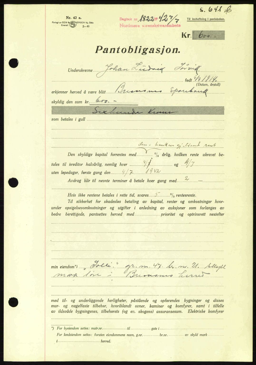 Nordmøre sorenskriveri, AV/SAT-A-4132/1/2/2Ca: Pantebok nr. B89, 1942-1942, Dagboknr: 1822/1942