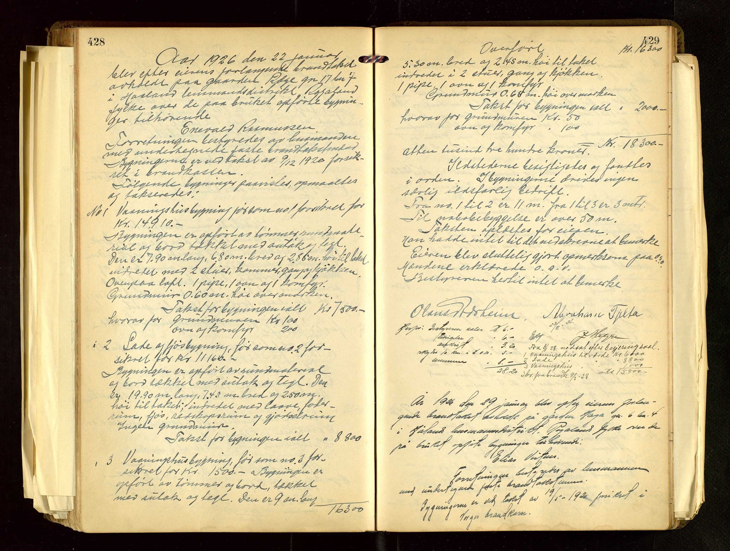 Håland lensmannskontor, AV/SAST-A-100100/Go/L0004: Branntakstprotokoll for lensmannen i Håland. Register i boken., 1919-1929, s. 428-429