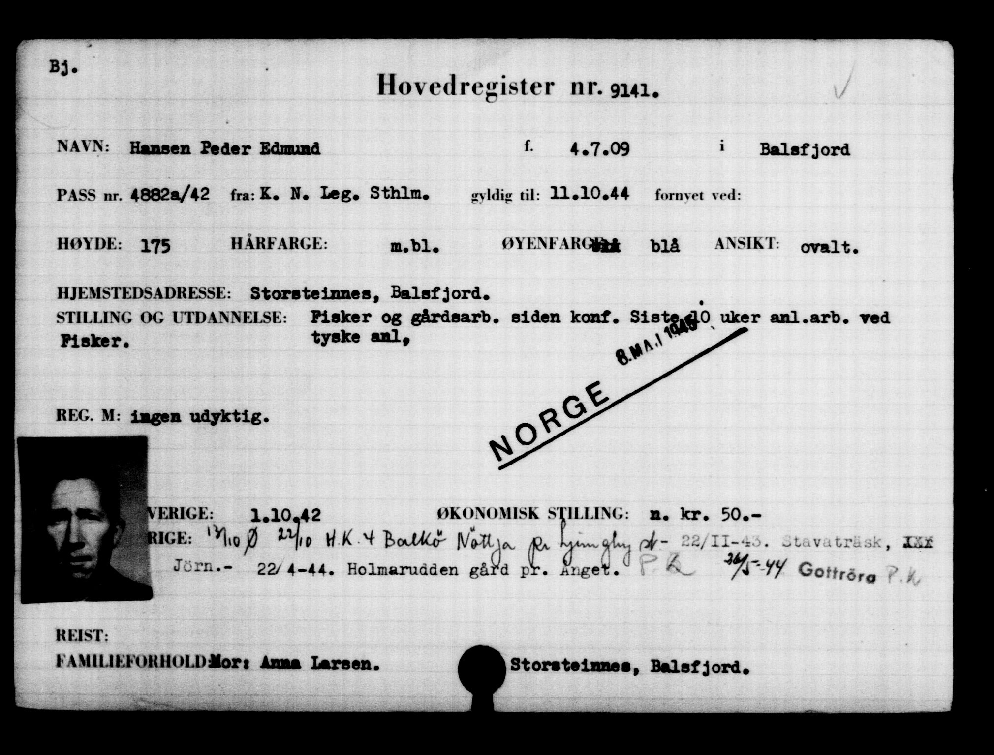 Utenriksstasjonene, Legasjonen i Stockholm, Flyktningkontoret, AV/RA-S-6753/V/Va/L0005: Kjesäterkartoteket, flyktninger med registreringsnr. 6600-9417, 1940-1945, s. 2996