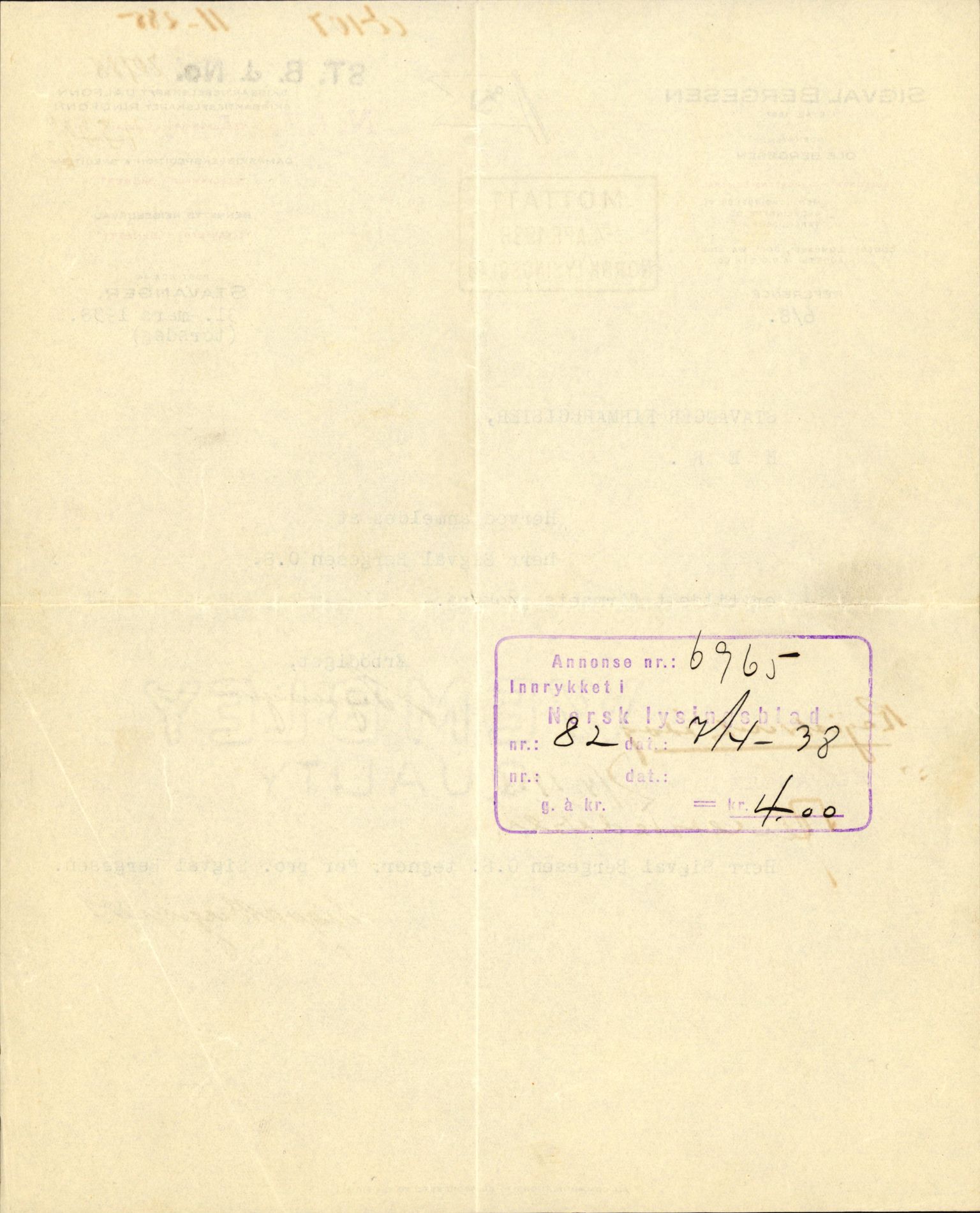 Stavanger byfogd, AV/SAST-A-101408/002/J/Jd/Jde/L0001: Registreringsmeldinger og bilag. Enkeltmannsforetak, 1-350, 1891-1967, s. 116