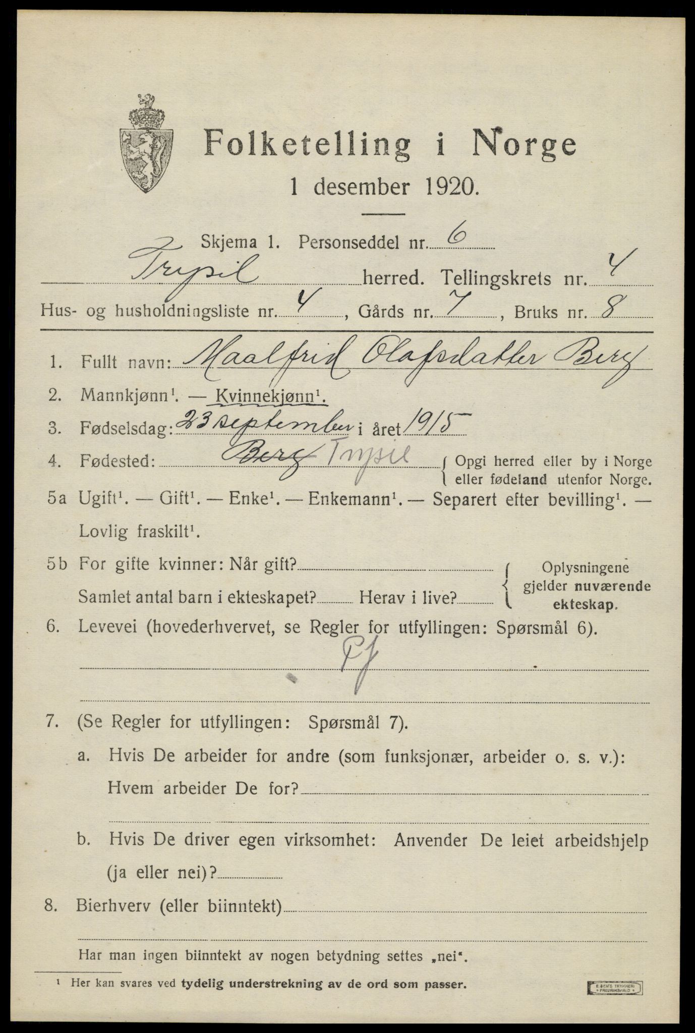 SAH, Folketelling 1920 for 0428 Trysil herred, 1920, s. 4127