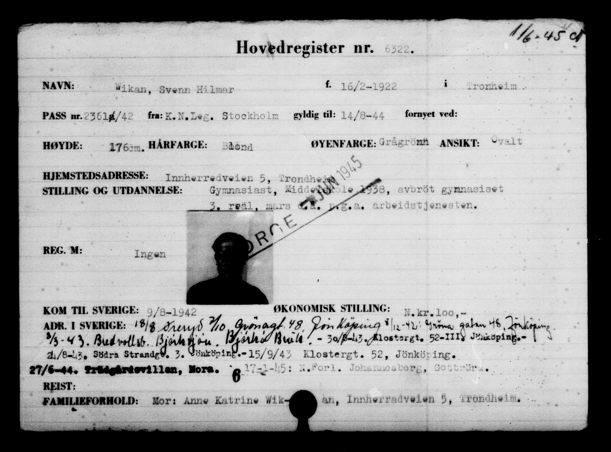 Utenriksstasjonene, Legasjonen i Stockholm, Flyktningkontoret, AV/RA-S-6753/V/Va/L0004: Kjesäterkartoteket, flyktninger med registreringsnr. 3496-6610, 1940-1945, s. 3338