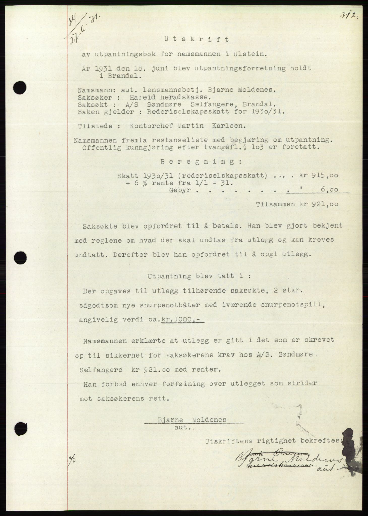 Søre Sunnmøre sorenskriveri, AV/SAT-A-4122/1/2/2C/L0052: Pantebok nr. 46, 1931-1931, Tingl.dato: 27.06.1931