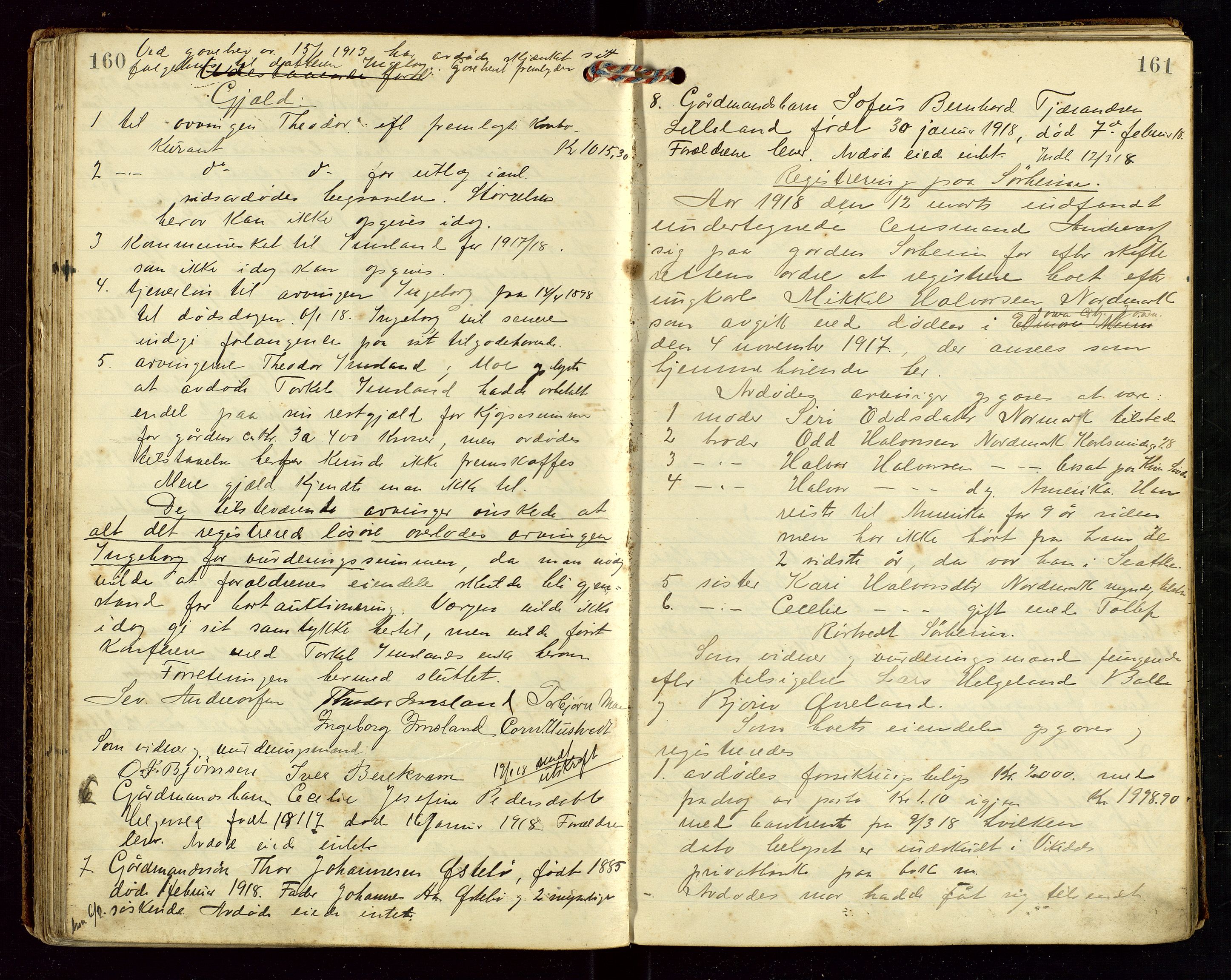 Vikedal lensmannskontor, AV/SAST-A-100179/Gg/L0001: "Registrering av dødsbo", 1910-1921, s. 160-161