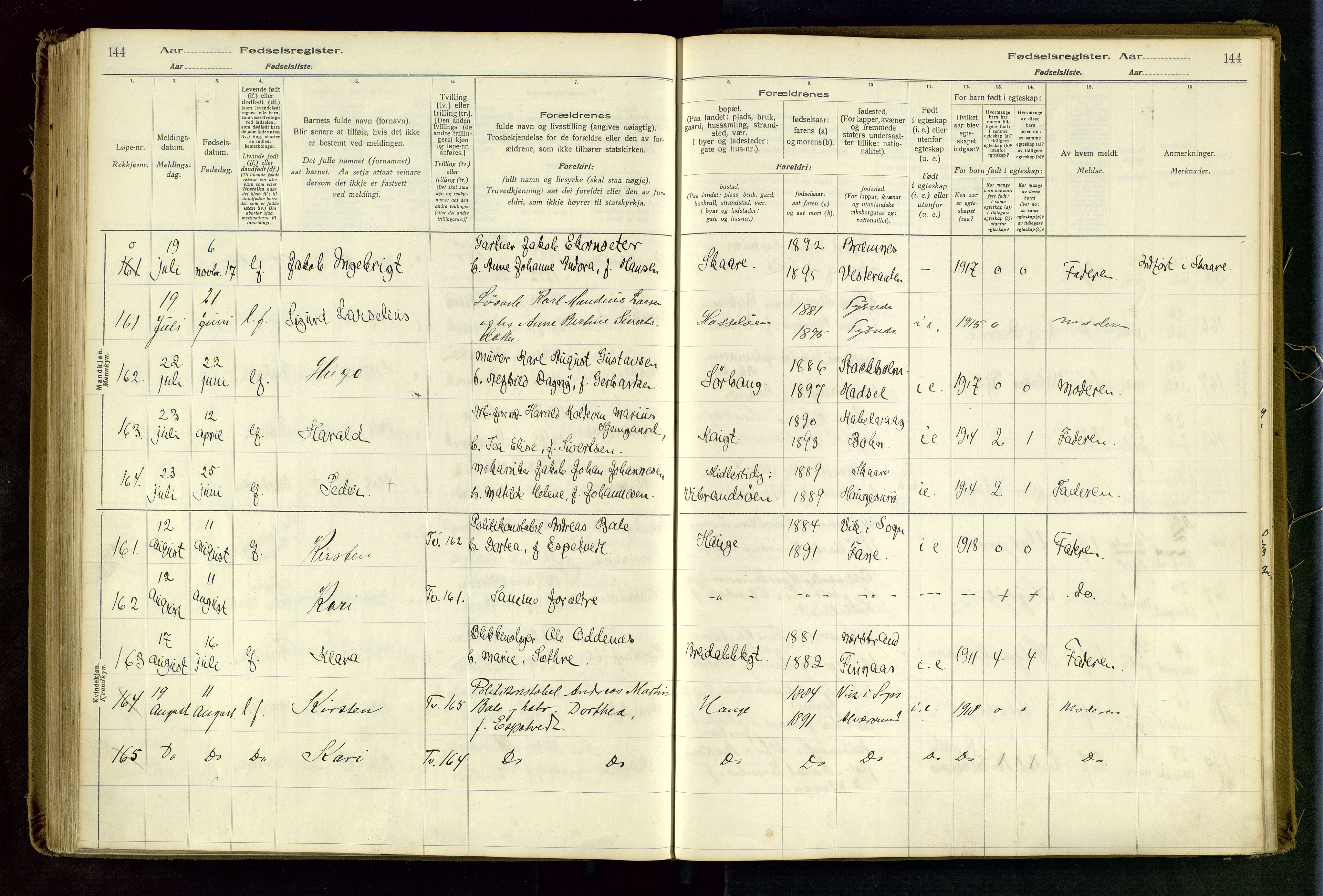 Haugesund sokneprestkontor, AV/SAST-A -101863/I/Id/L0003: Fødselsregister nr. 1, 1916-1919, s. 144