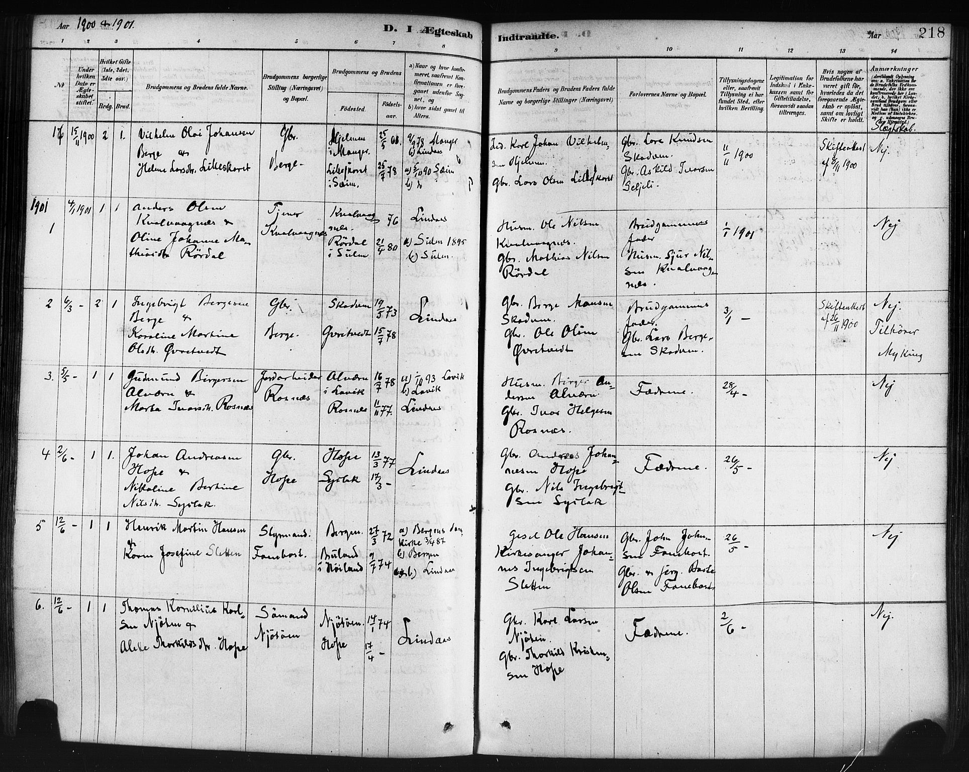 Lindås Sokneprestembete, AV/SAB-A-76701/H/Haa/Haaa/L0019: Ministerialbok nr. A 19, 1878-1912, s. 218