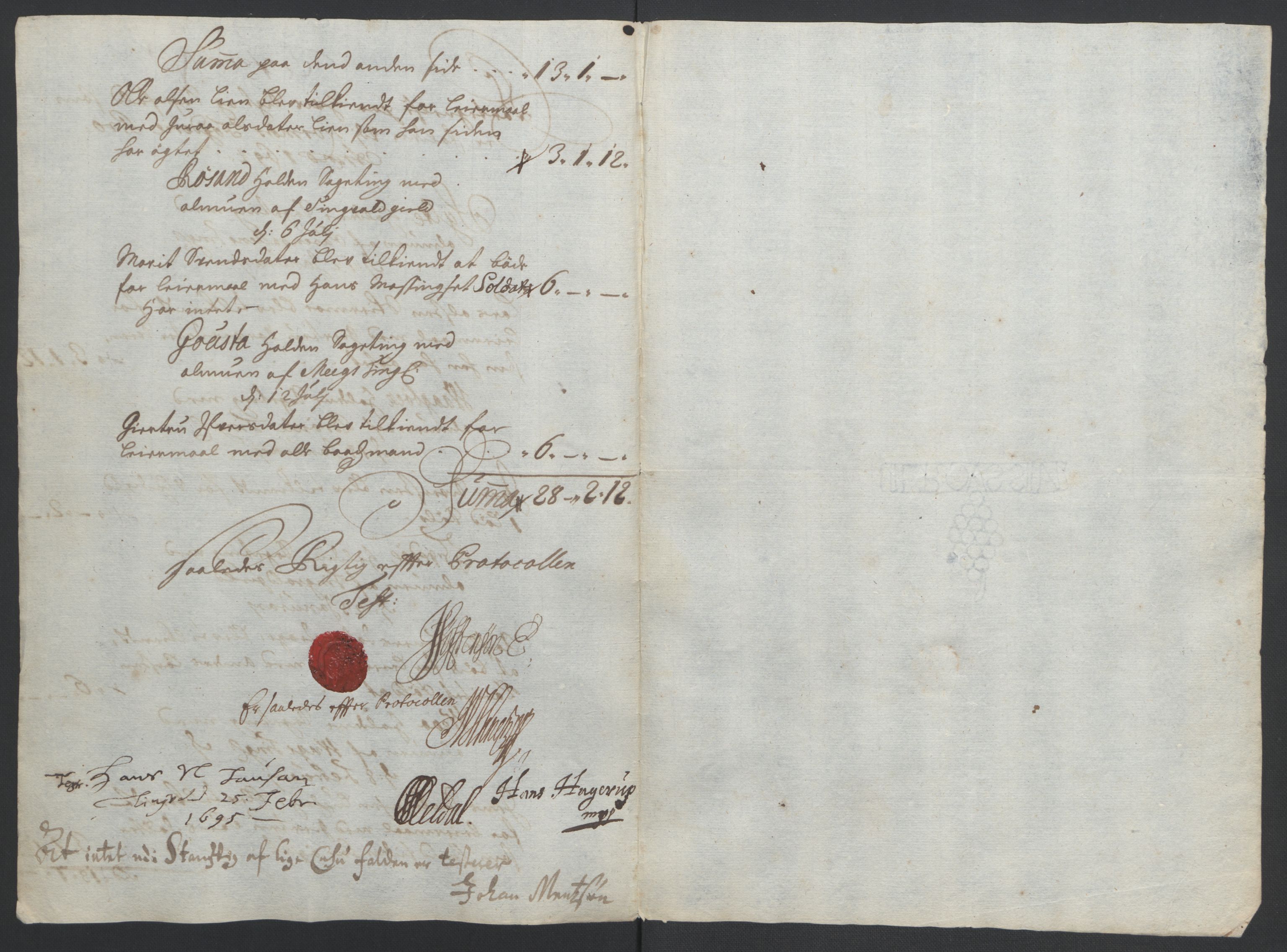 Rentekammeret inntil 1814, Reviderte regnskaper, Fogderegnskap, AV/RA-EA-4092/R56/L3736: Fogderegnskap Nordmøre, 1694-1696, s. 109