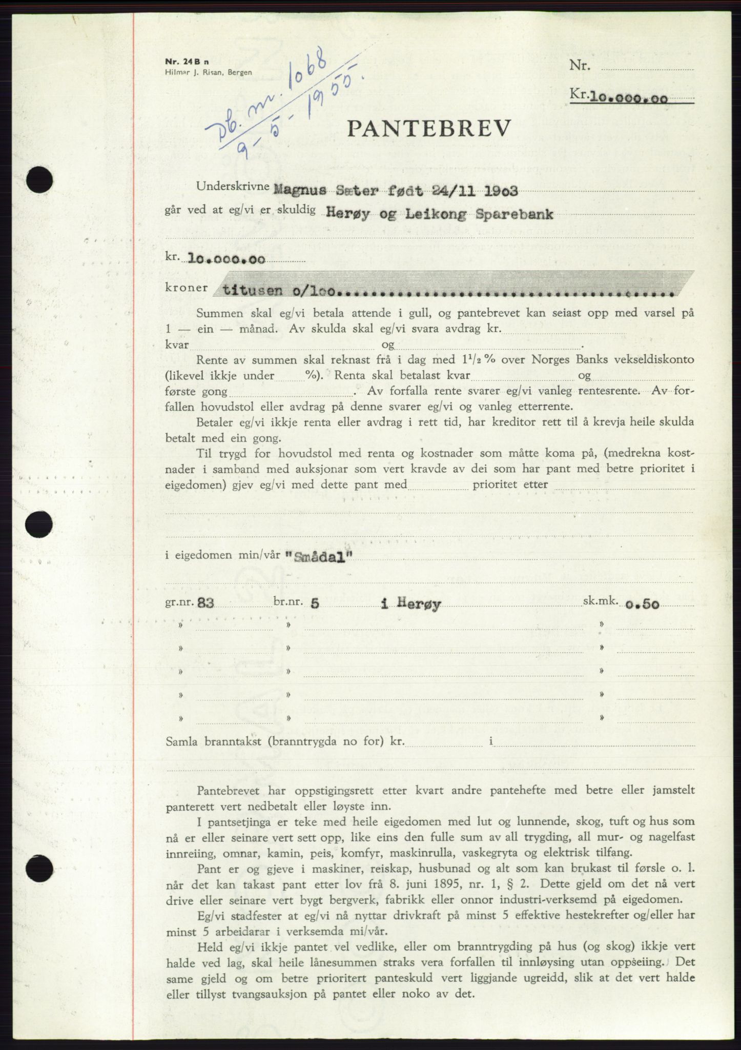 Søre Sunnmøre sorenskriveri, AV/SAT-A-4122/1/2/2C/L0126: Pantebok nr. 14B, 1954-1955, Dagboknr: 1068/1955