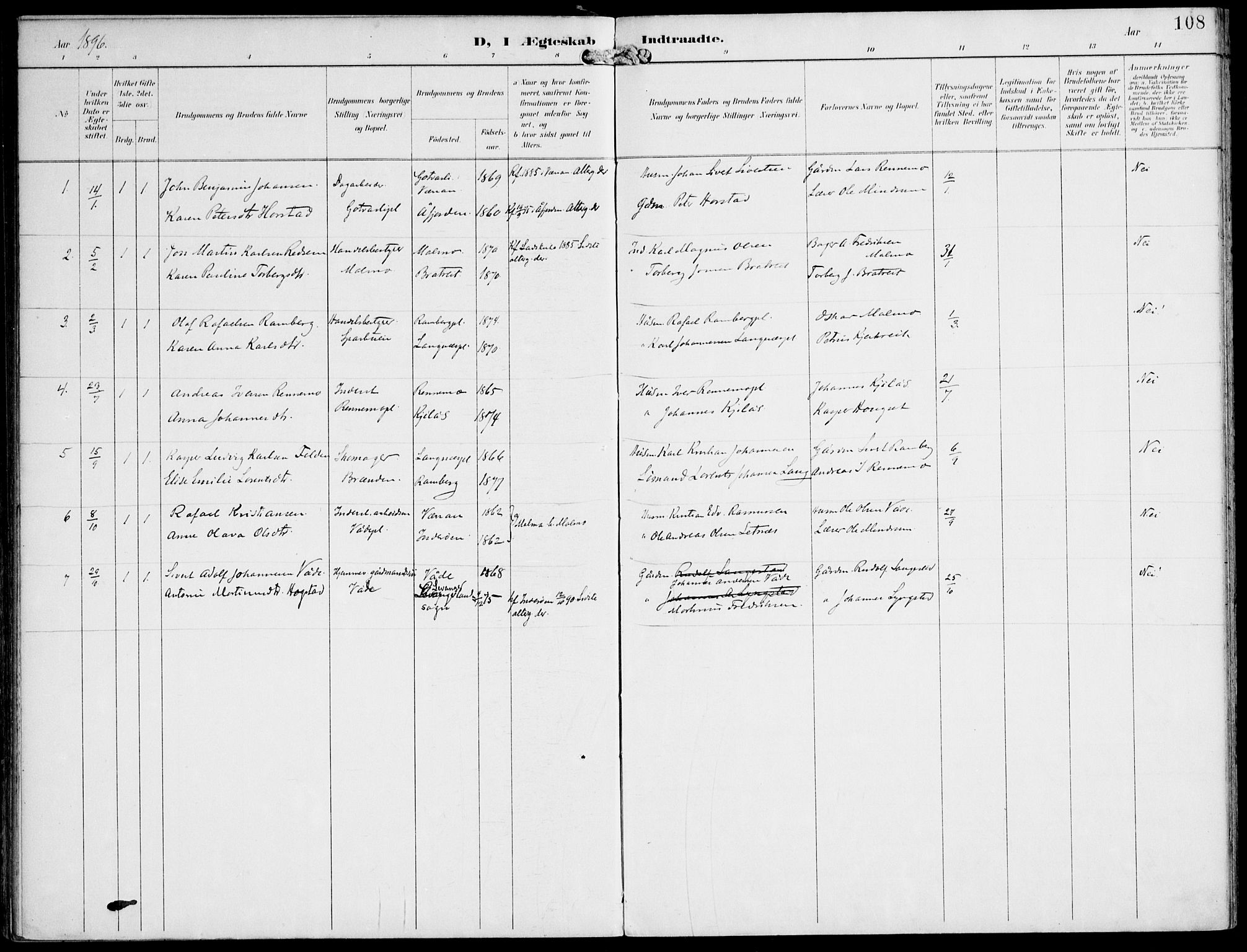 Ministerialprotokoller, klokkerbøker og fødselsregistre - Nord-Trøndelag, AV/SAT-A-1458/745/L0430: Ministerialbok nr. 745A02, 1895-1913, s. 108