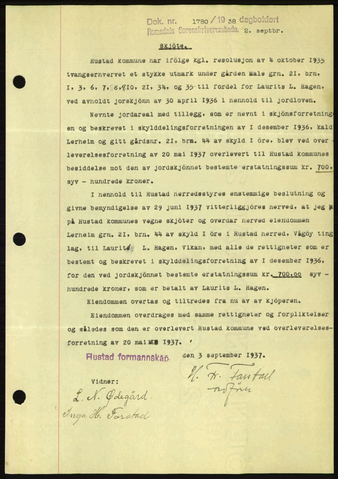 Romsdal sorenskriveri, SAT/A-4149/1/2/2C: Pantebok nr. A5, 1938-1938, Dagboknr: 1780/1938