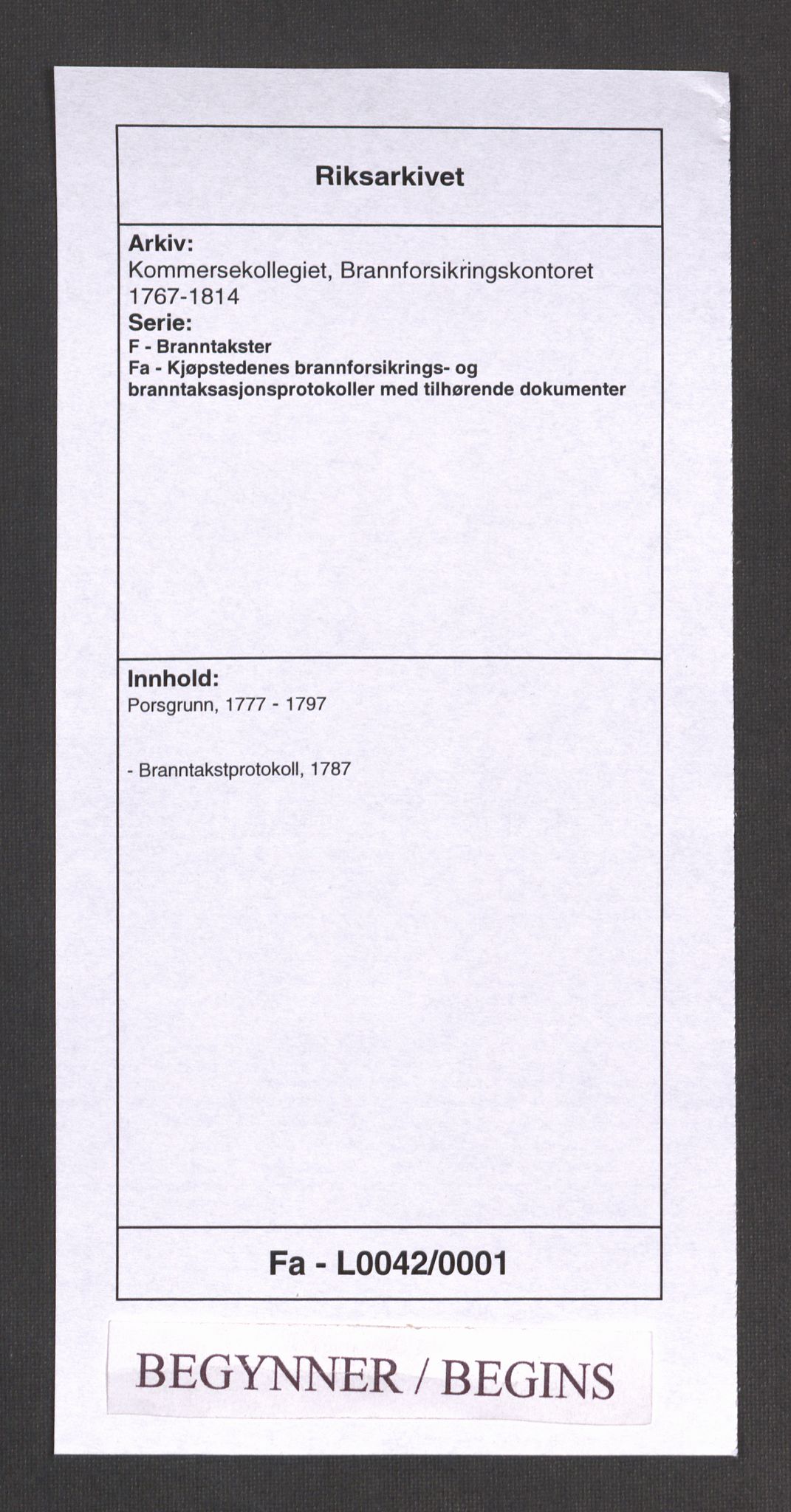 Kommersekollegiet, Brannforsikringskontoret 1767-1814, RA/EA-5458/F/Fa/L0042/0001: Porsgrunn / Branntakstprotokoll, 1787