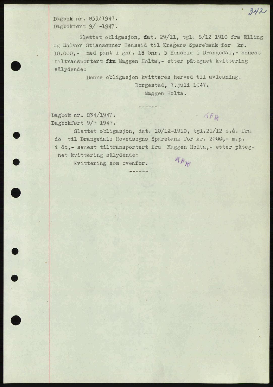 Kragerø sorenskriveri, SAKO/A-65/G/Ga/Gab/L0061: Pantebok nr. A-61, 1947-1947, Dagboknr: 833/1947