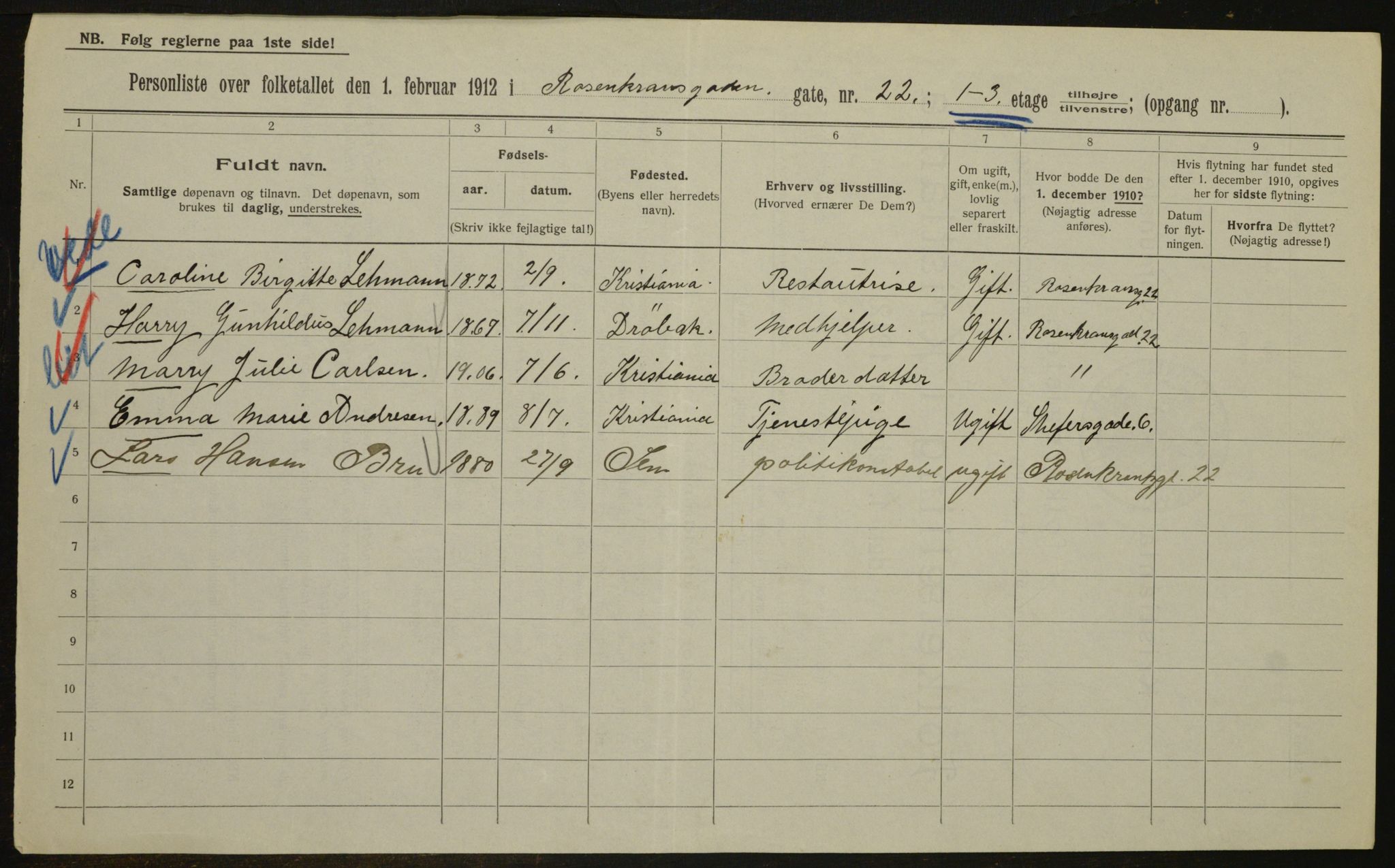 OBA, Kommunal folketelling 1.2.1912 for Kristiania, 1912, s. 84196