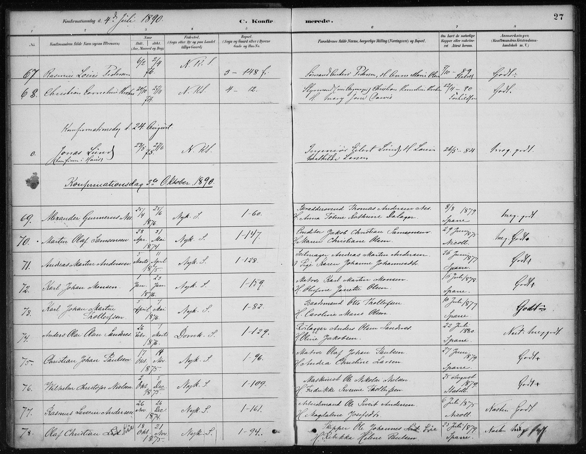 Nykirken Sokneprestembete, AV/SAB-A-77101/H/Haa/L0027: Ministerialbok nr. C 6, 1886-1913, s. 27