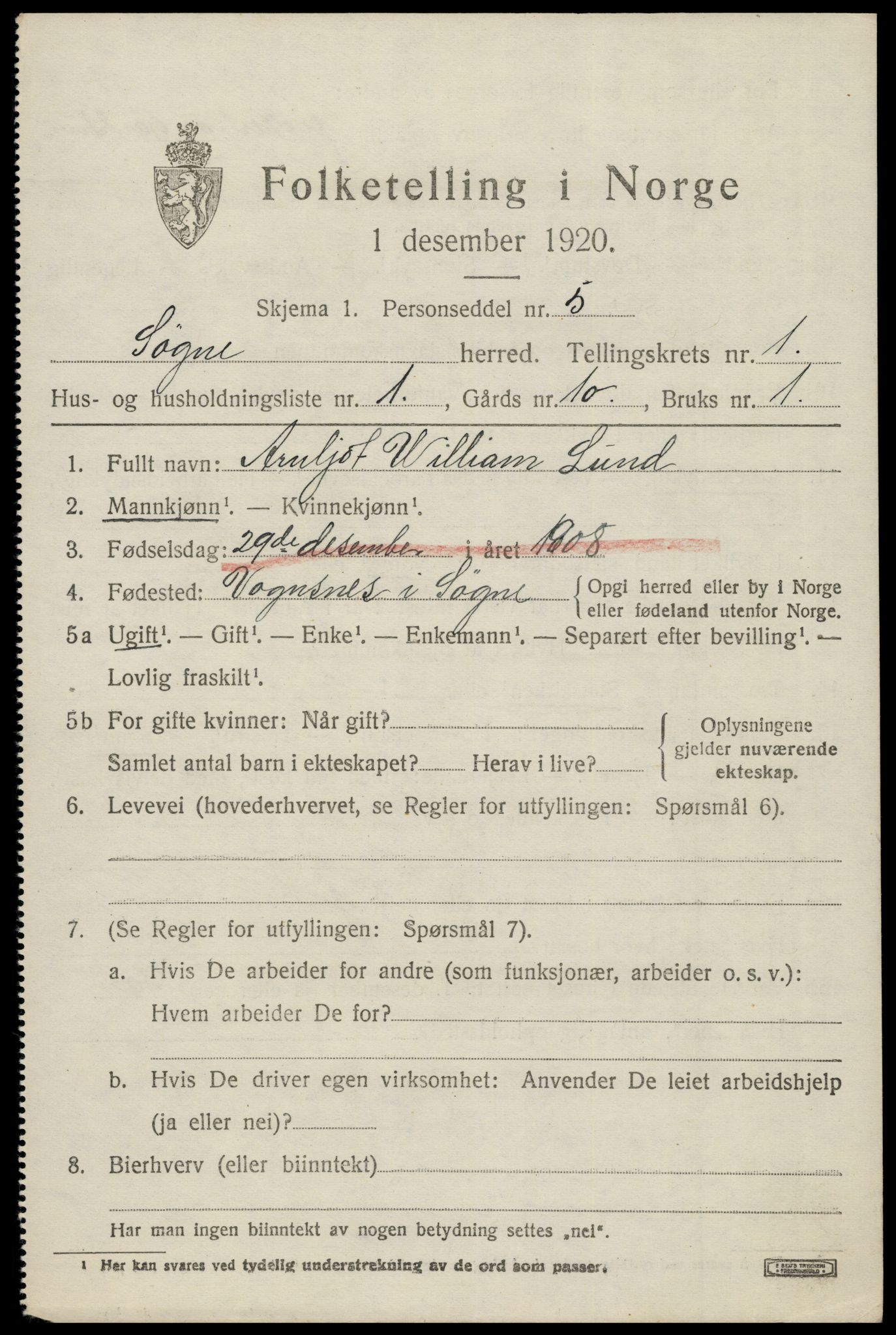 SAK, Folketelling 1920 for 1018 Søgne herred, 1920, s. 1339