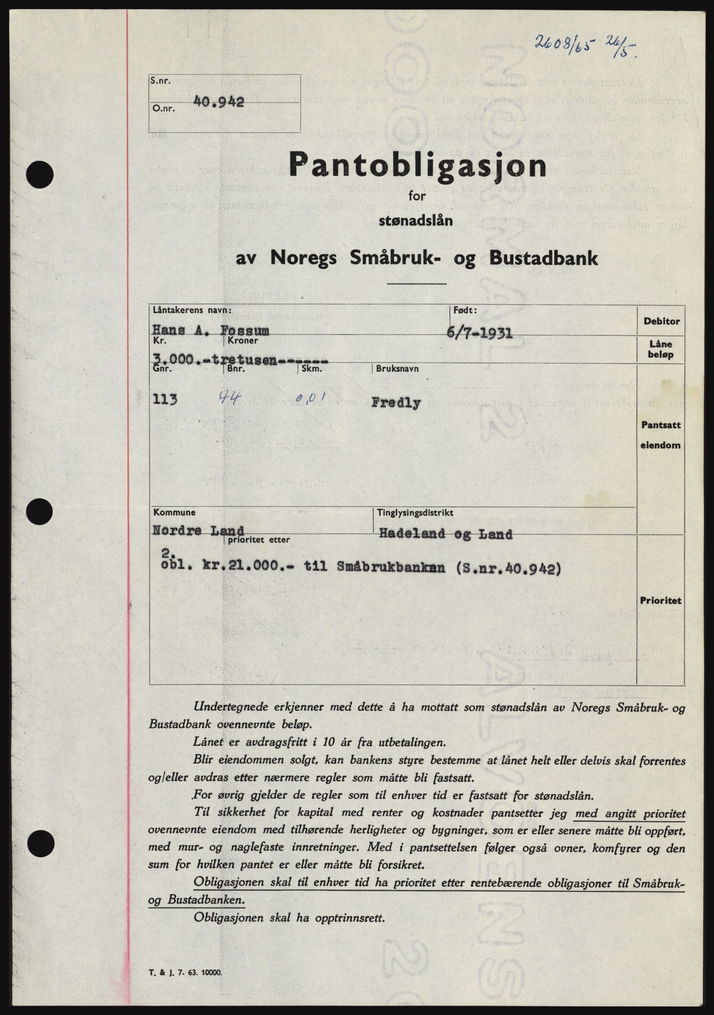 Hadeland og Land tingrett, SAH/TING-010/H/Hb/Hbc/L0059: Pantebok nr. B59, 1965-1965, Dagboknr: 2608/1965