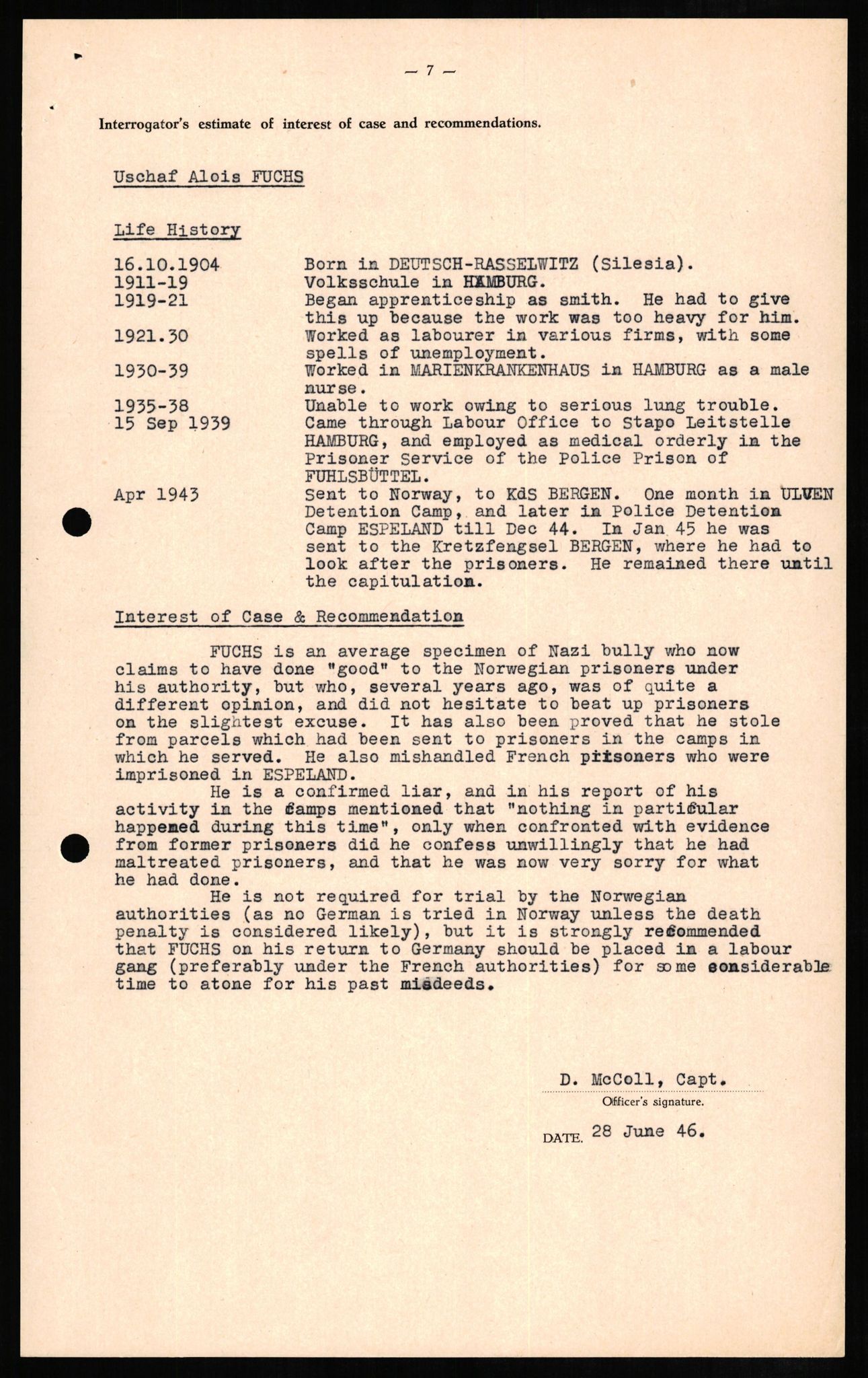 Forsvaret, Forsvarets overkommando II, AV/RA-RAFA-3915/D/Db/L0008: CI Questionaires. Tyske okkupasjonsstyrker i Norge. Tyskere., 1945-1946, s. 419