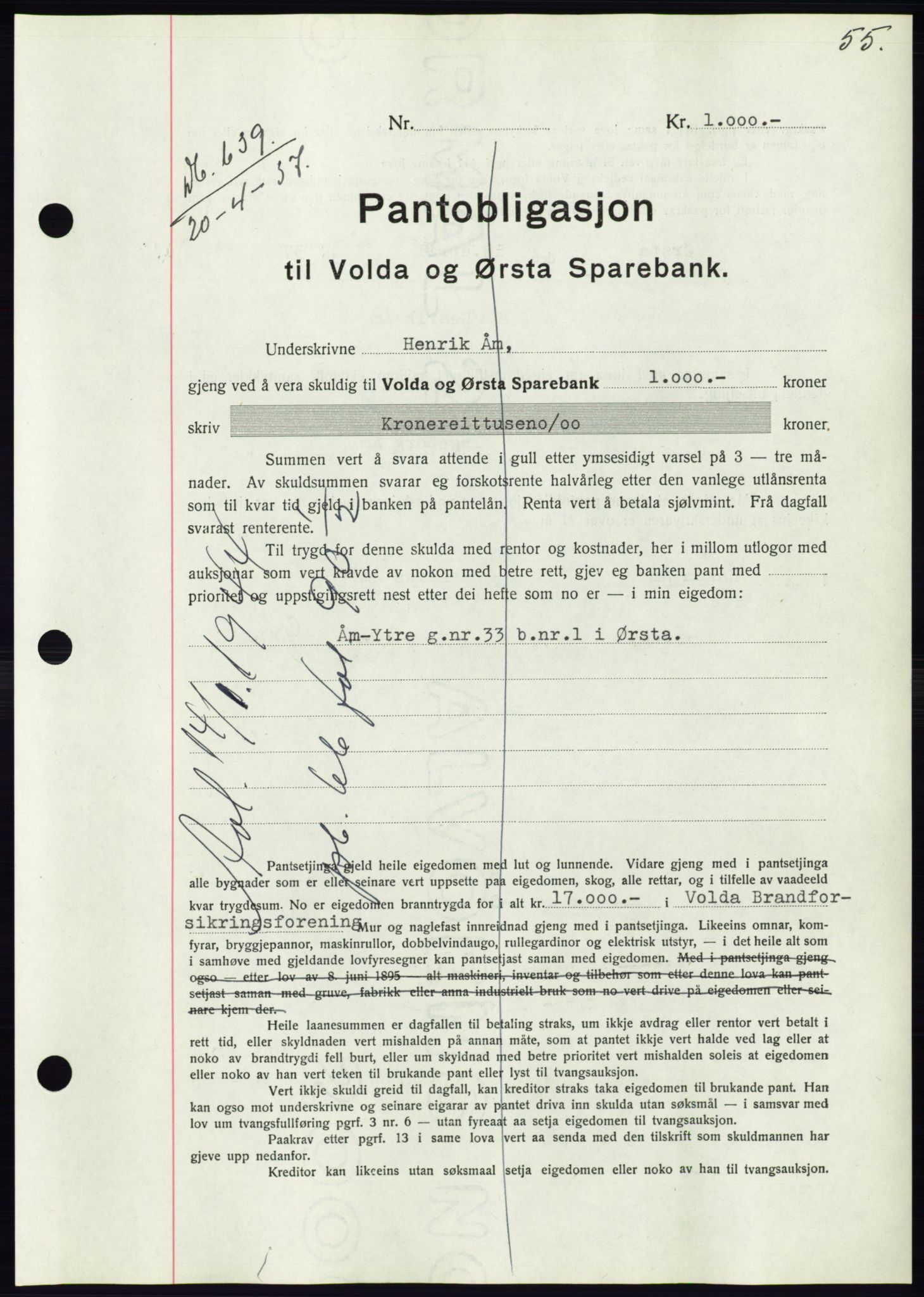 Søre Sunnmøre sorenskriveri, AV/SAT-A-4122/1/2/2C/L0063: Pantebok nr. 57, 1937-1937, Dagboknr: 639/1937