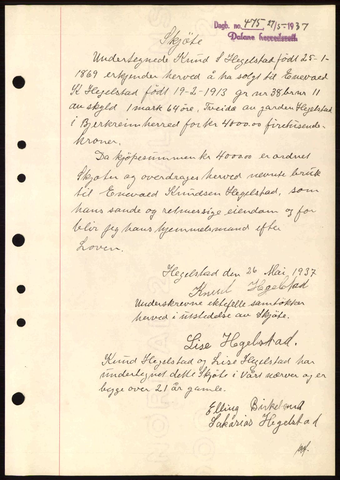 Dalane sorenskriveri, SAST/A-100309/02/G/Gb/L0041: Pantebok nr. A2, 1936-1937, Dagboknr: 475/1937