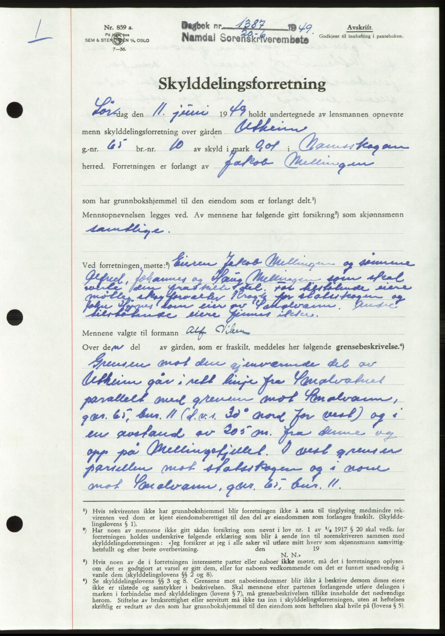Namdal sorenskriveri, SAT/A-4133/1/2/2C: Pantebok nr. -, 1949-1949, Dagboknr: 1387/1949