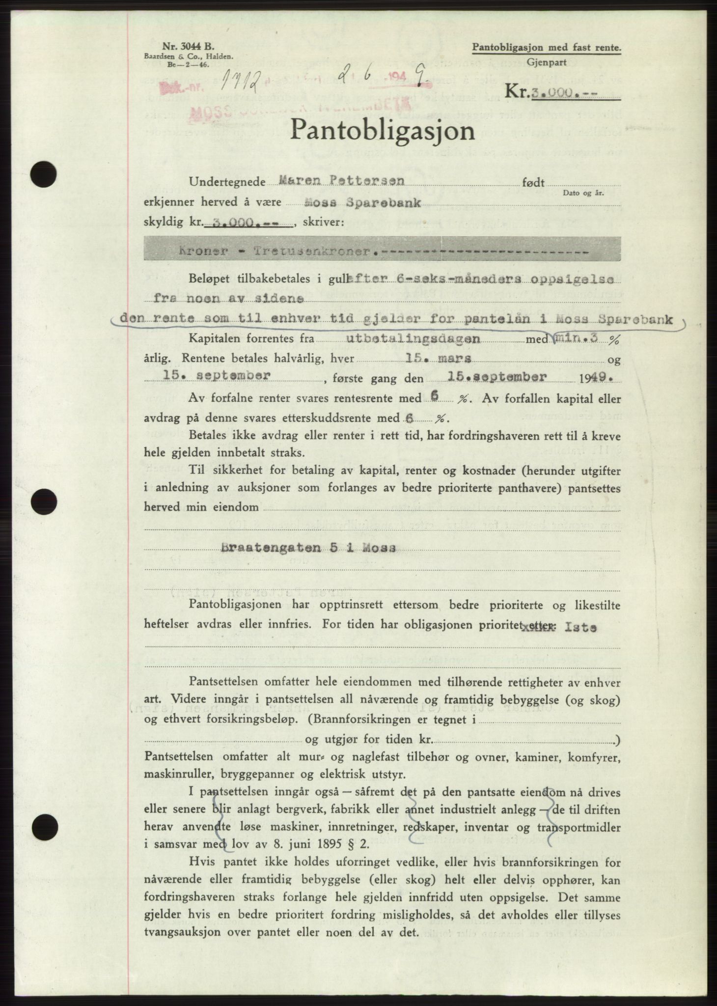 Moss sorenskriveri, SAO/A-10168: Pantebok nr. B22, 1949-1949, Dagboknr: 1712/1949